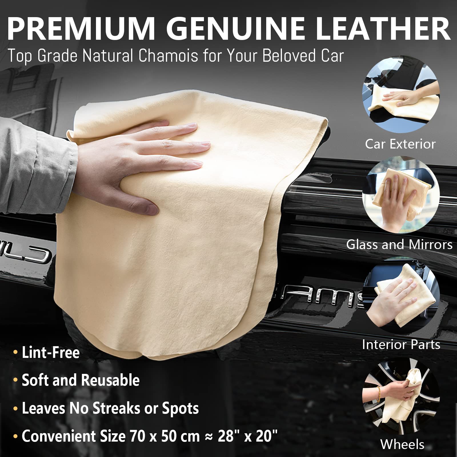 Chamois Cloth For Car 20'' X 27.6'' (3.7 Sq Ft) Shammy Towel Car Wash Drying Towel Absorbent Real Leather Lint Free Streak Free Cleaning Cloth
