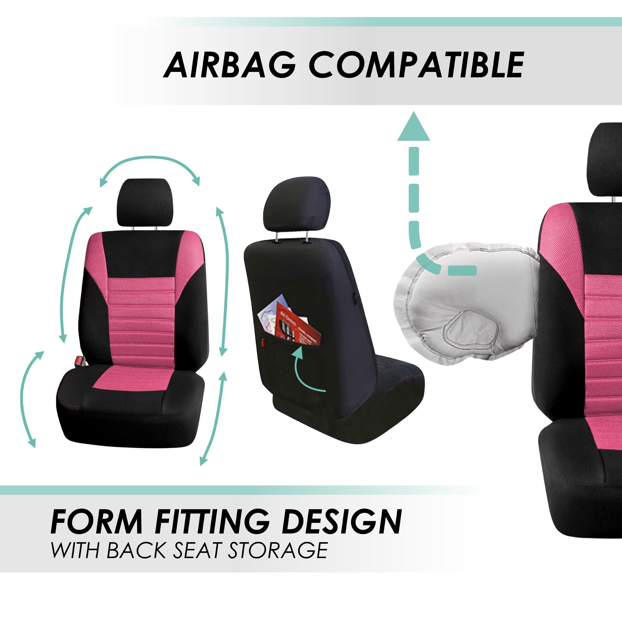 Fh Group Car Seat Cover Premium 3D Air Mesh Front Pair Set Car Seat Covers Airbag Compatible, Pink And Black Automotive Seat Cov