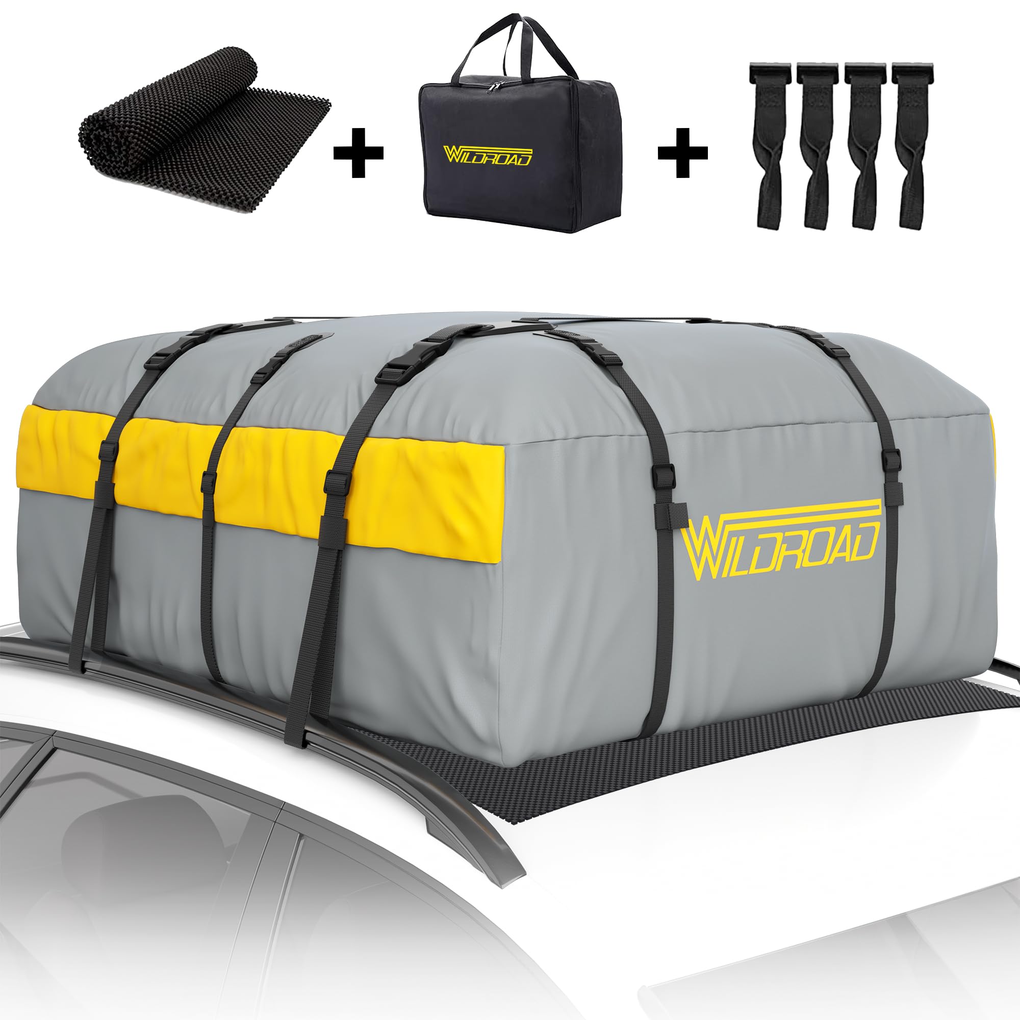 Wildroad Car Roof Bag - 21 Cu Ft Waterproof Cargo Carrier, PVC Material, Anti-Slip Mat for SUVs & Cars with/without Rack
