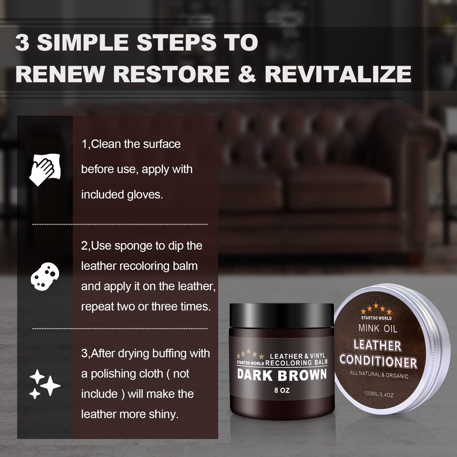 STARTSO WORLD Dark Brown Leather Recoloring Balm & Conditioner with Mink Oil - Repair Kit for Couches, Car Seats, Shoes & Vinyl
