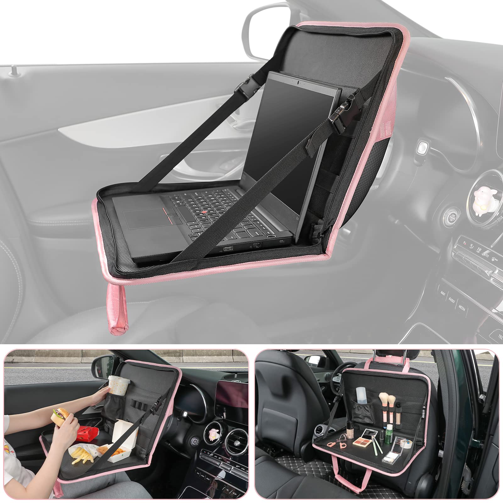 JOYTUTUS 3 in 1 Steering Wheel Eating Tray (Pink), Multifunctional Car Office Bag, Work Table for Writing, Car Organizer for Kid