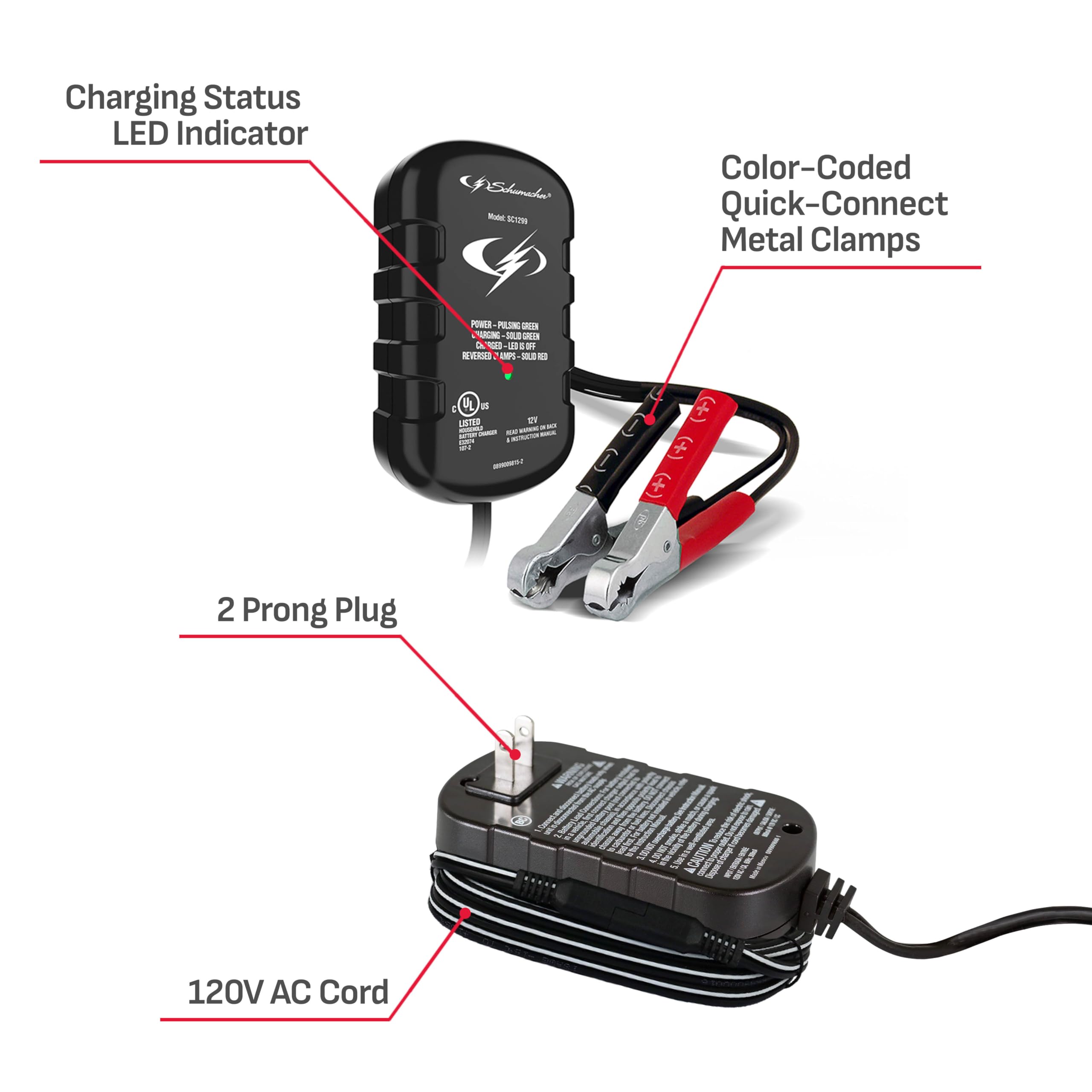 Schumacher Electric SC1299 Fully Automatic Automotive Battery Maintainer for Motorcycle, Power Sport, Car, and Boat Batteries, 0.8 Amps, 12 Volt, Black, 1 Unit