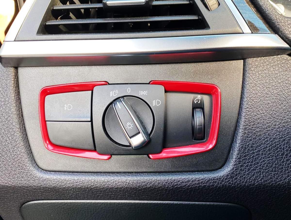 Ijdmtoy 2Pc Red Light Switch Surrounding Decorative Trims Compatible With Bmw 2 3 4 Series X5 X6 (F22 F30 F31 F32 F33 F15 F16)