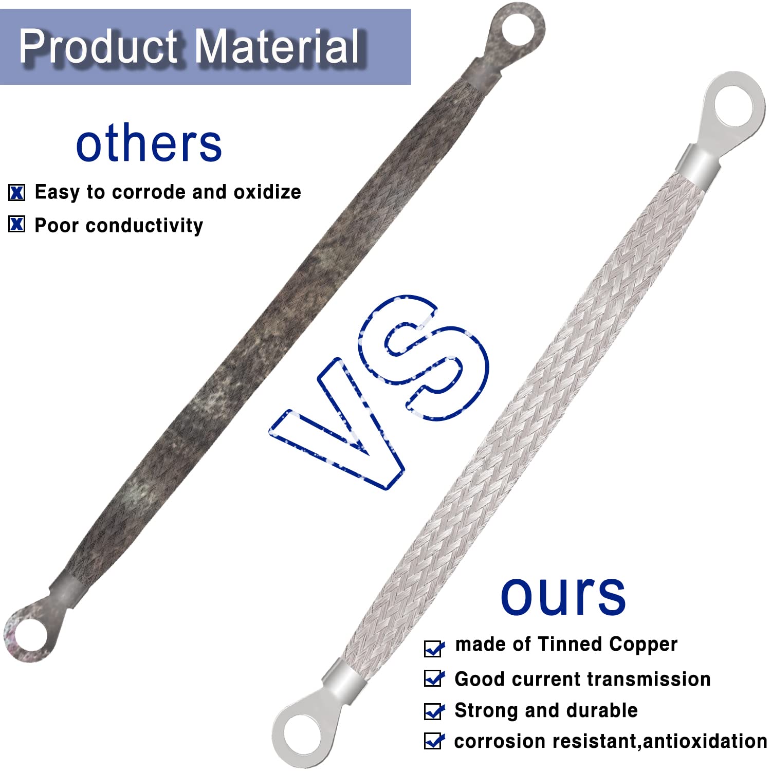 Taiss 5PCS Ground Strap 3pcs 10'' x 1/2'' & 2pcs 13'' x 1/2'' Tinned Copper Professional Vehicle Grounding Cable Straps with Ter