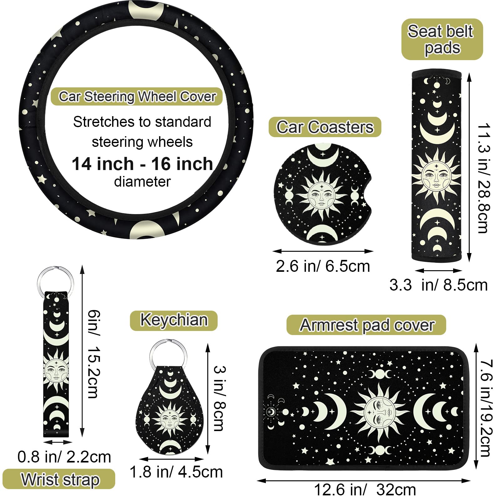 Fiada 10 Pcs Moon Star Car Seat Covers Full Set Car Accessories for Women Front Seat Cover Steering Wheel Armrest Cover Belt Cov