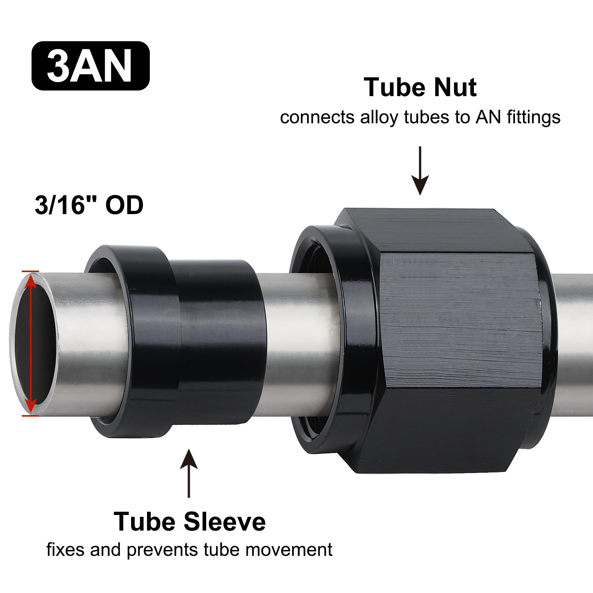 Evil Energy 3An Female Hardline Tube Nut & Sleeve Aluminum Fitting For 3/16'' Od Alloy Tubing 2Pcs