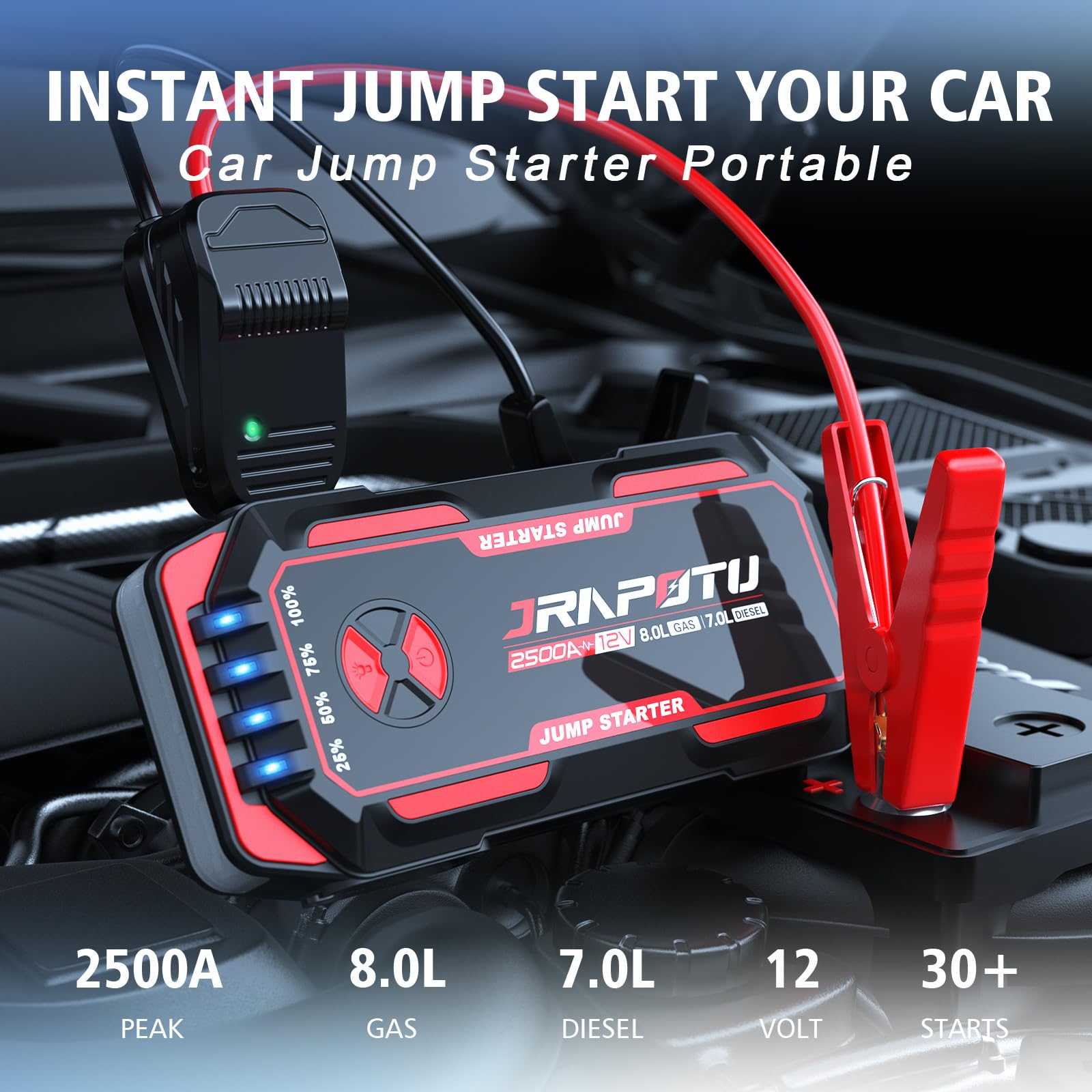 Jrapotu Car Jump Starter - Portable Battery Jumper Box, Battery Booster,12V Battery Pack,Suitable For 8.0L Gas And 7.0L Diesel C