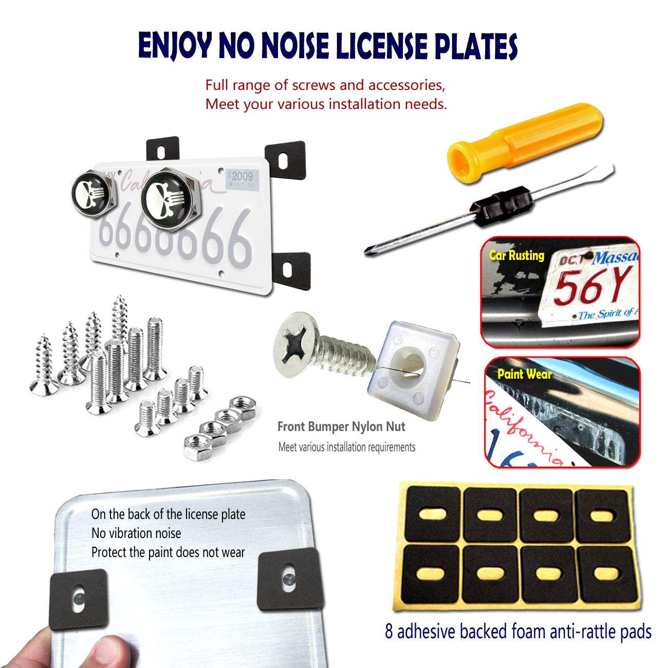 Aootf License Plate Screw Bolt Caps- Logo Billet Metal Car License Plate Bolts Frame Screw Cover With Black Skull Sticker, License Plate Frame Security Fastener Kit With Anti-Rattle Foam Pads