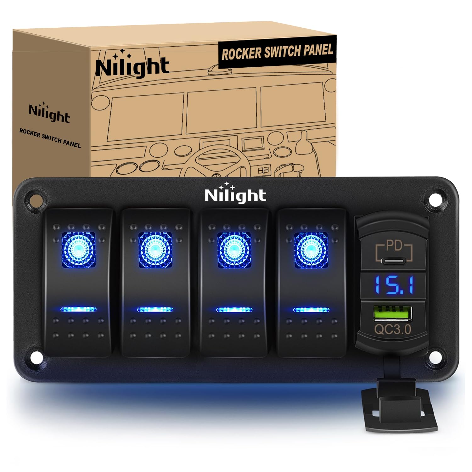 Nilight 4 Gang Rocker Switch Panel Blue Backlit With Pd Type C And Usb Charger Voltmeter Waterproof 12V 24V Dc Switches With Nig