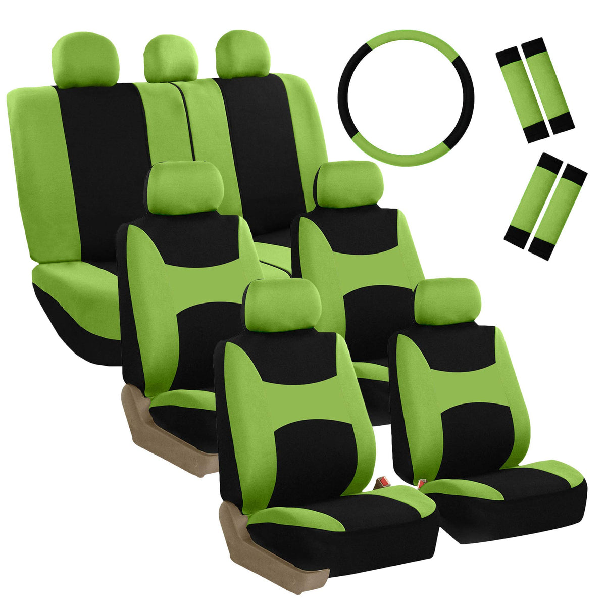 Fh Group Automotive Seat Covers Light & Breezy Flat Cloth  Three Row Set Green Combo Steering Wheel Cover & Seat Belt Pads, Airb