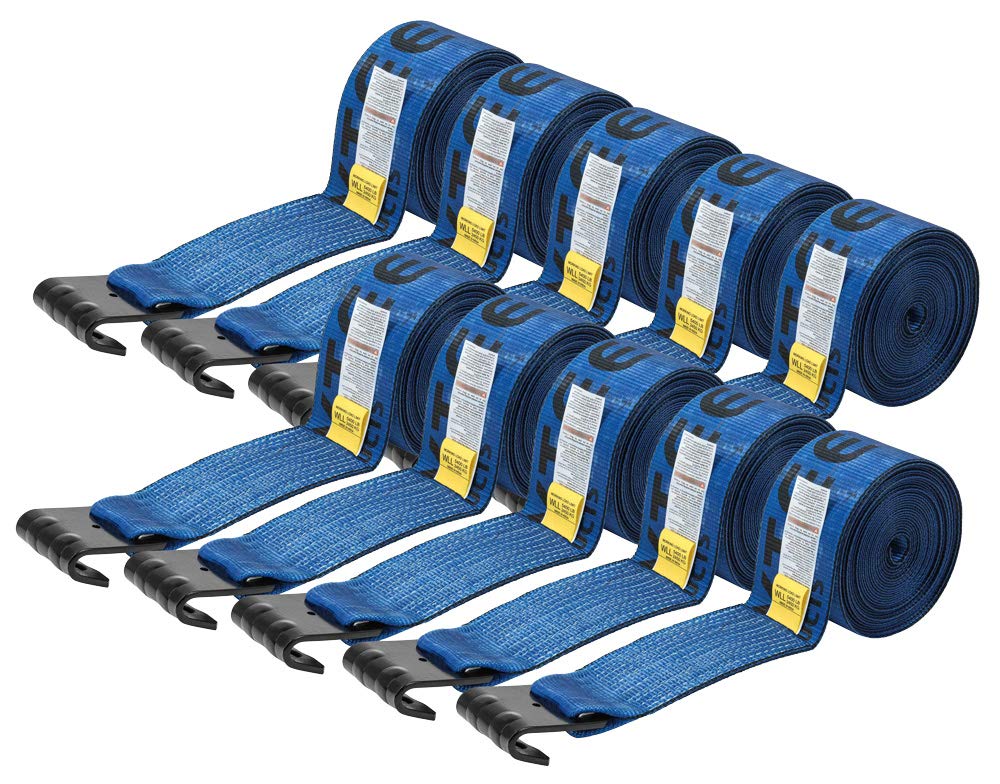 Mytee Products (10 Pack Winch Straps 4 x 30 Blue Heavy Duty Tie Down w/Flat Hooks WLL# 5400 lbs | 4 Inch Cargo Control for Flat