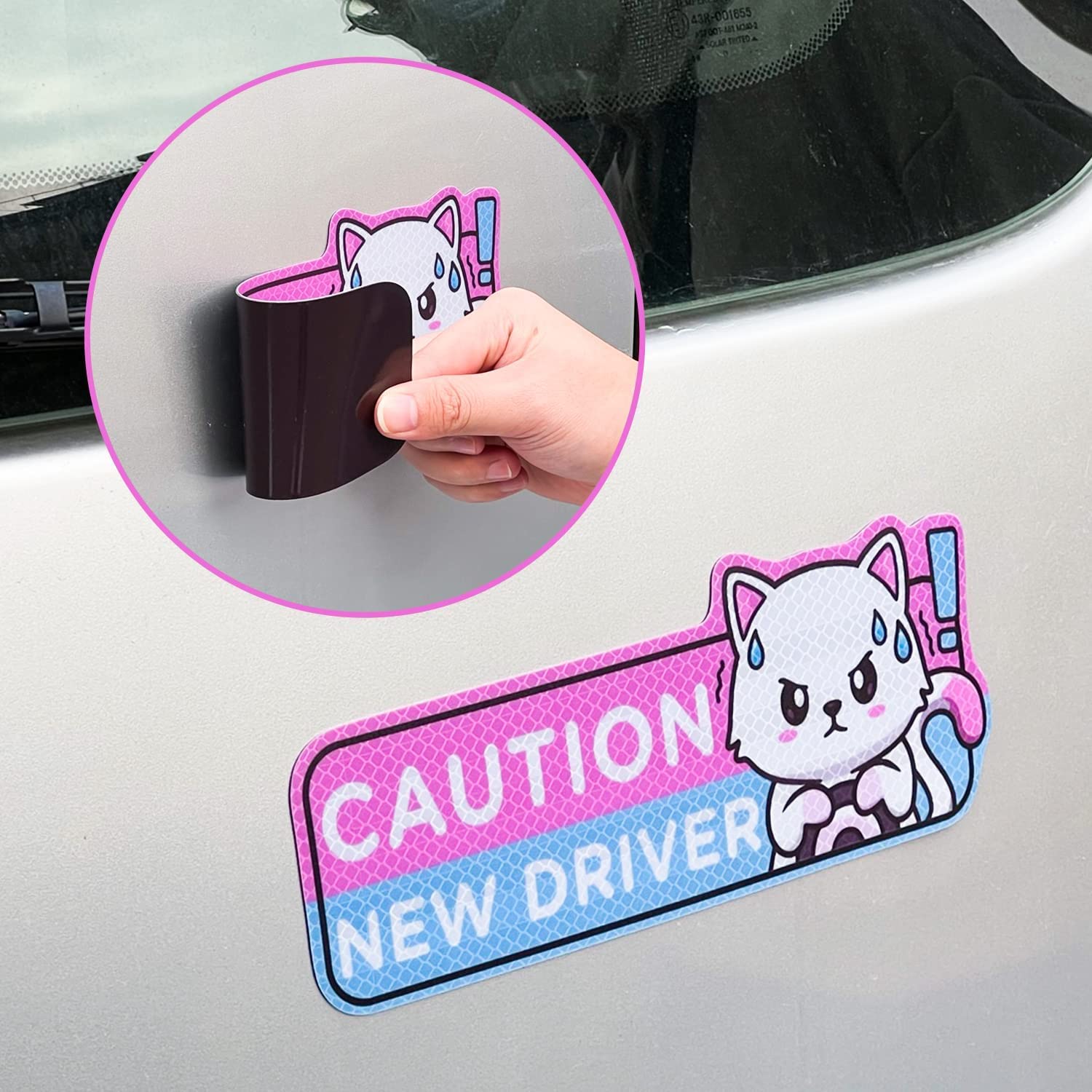 W1Cwey 4Pcs Cartoon Cat Student Driver Car Magnet, Cute New Driver Sign For Car Cartoon Reflective Student Driver Car Magnet Sticker Gift For Teen Reusable Car Bumper Safety Sign(Nervous Cat Patterns)