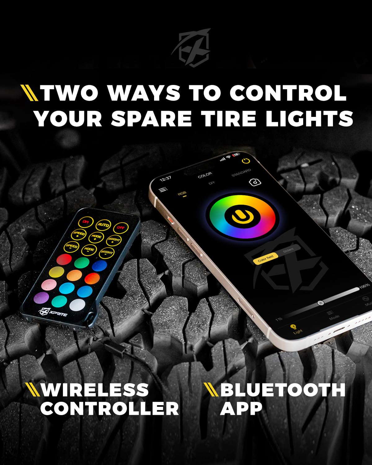 Xprite Rgb Spare Tire Brake Light With Dual Control (Rf & Bluetooth), Color-Changing 3Rd Led Rear Wheel Lights, Dual Ring Third
