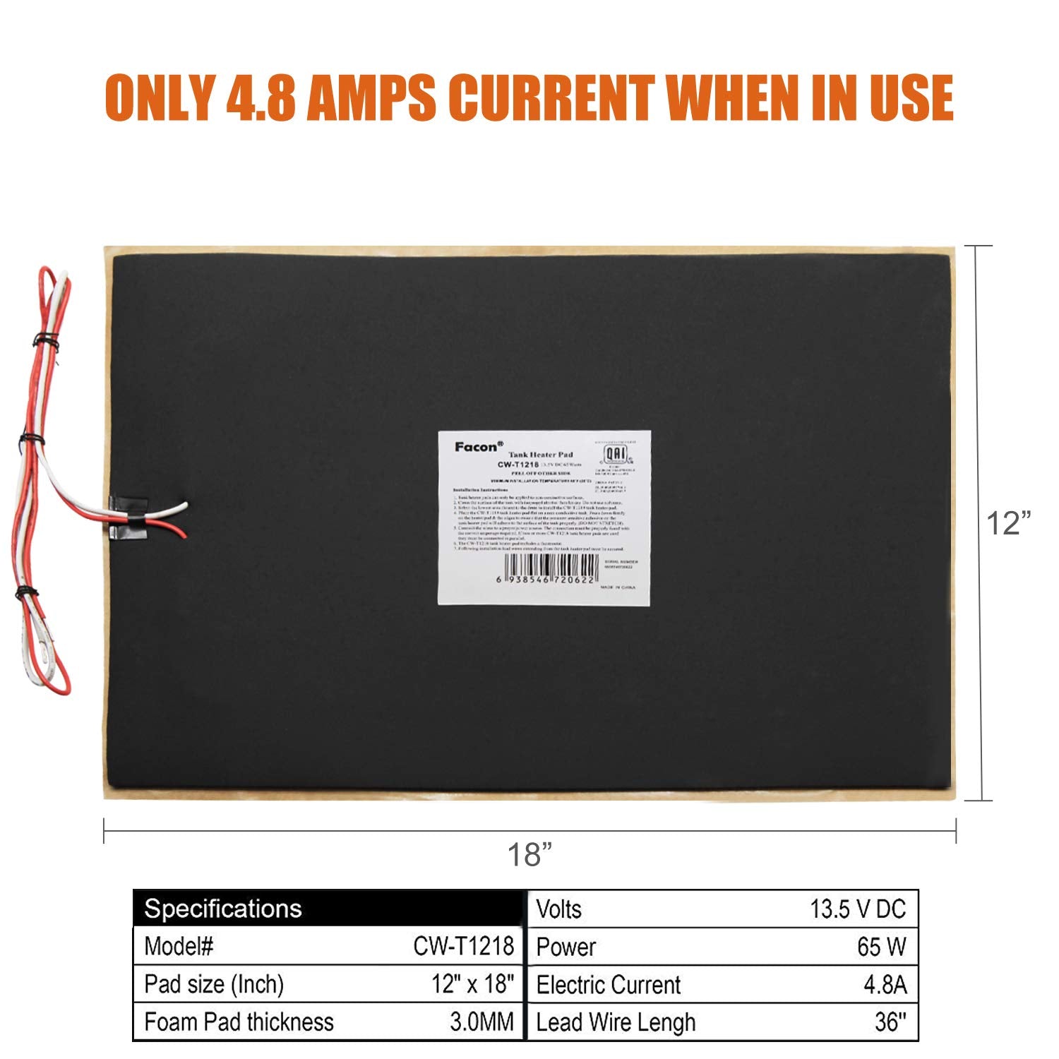 Facon 12' X 18' Rv Tank Heater Pad, Cw-T1218, Use With Up To 50 Gallons Fresh Water/Grey Water/Black Water Tank, With Automatic Thermostat Control, 12Volts Dc, 6Packs