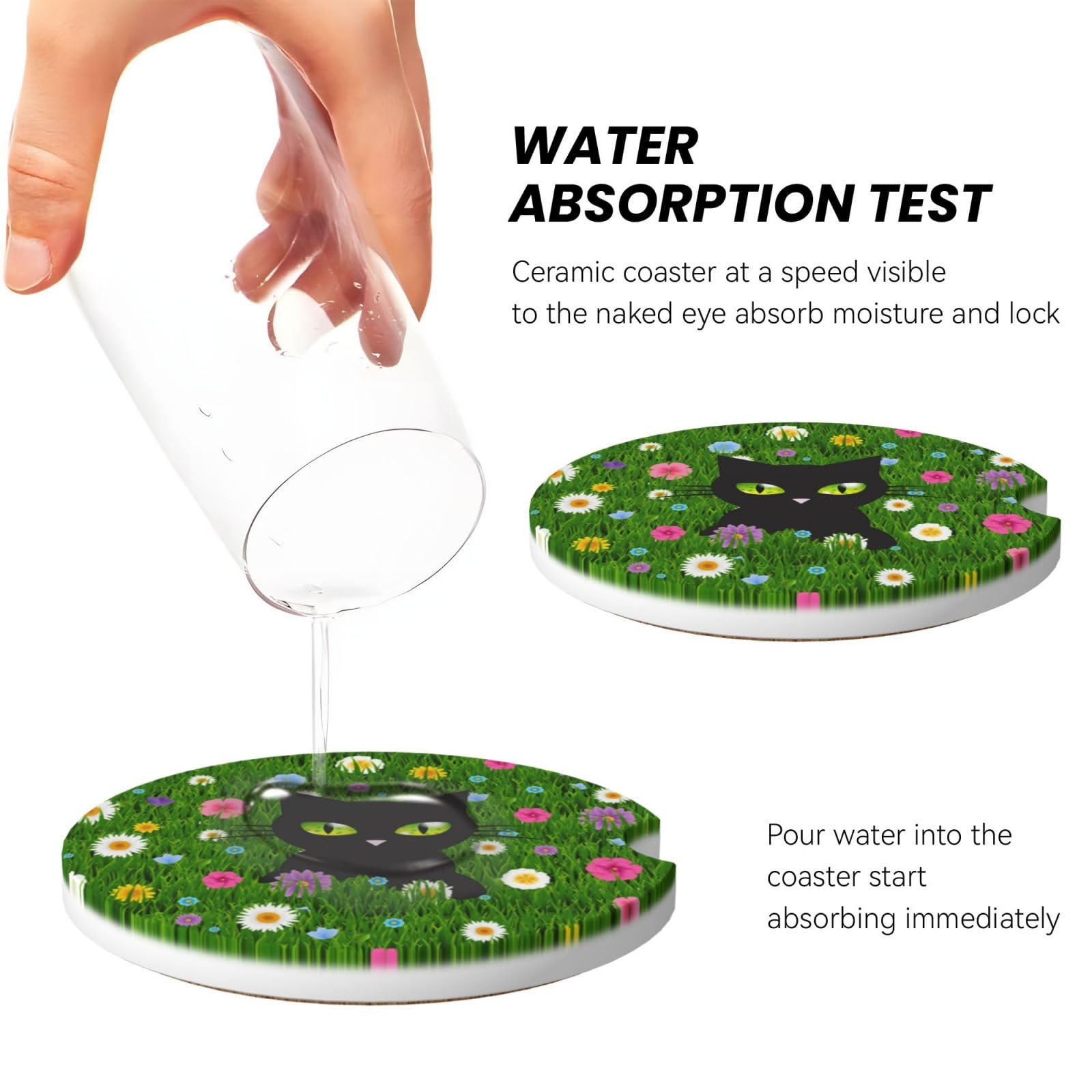 Black Cat Flower Car Cup Holder Coaster 2 Pack Absorbent Ceramic Car Coasters For Cup Holders Car Accessories Interior For Women