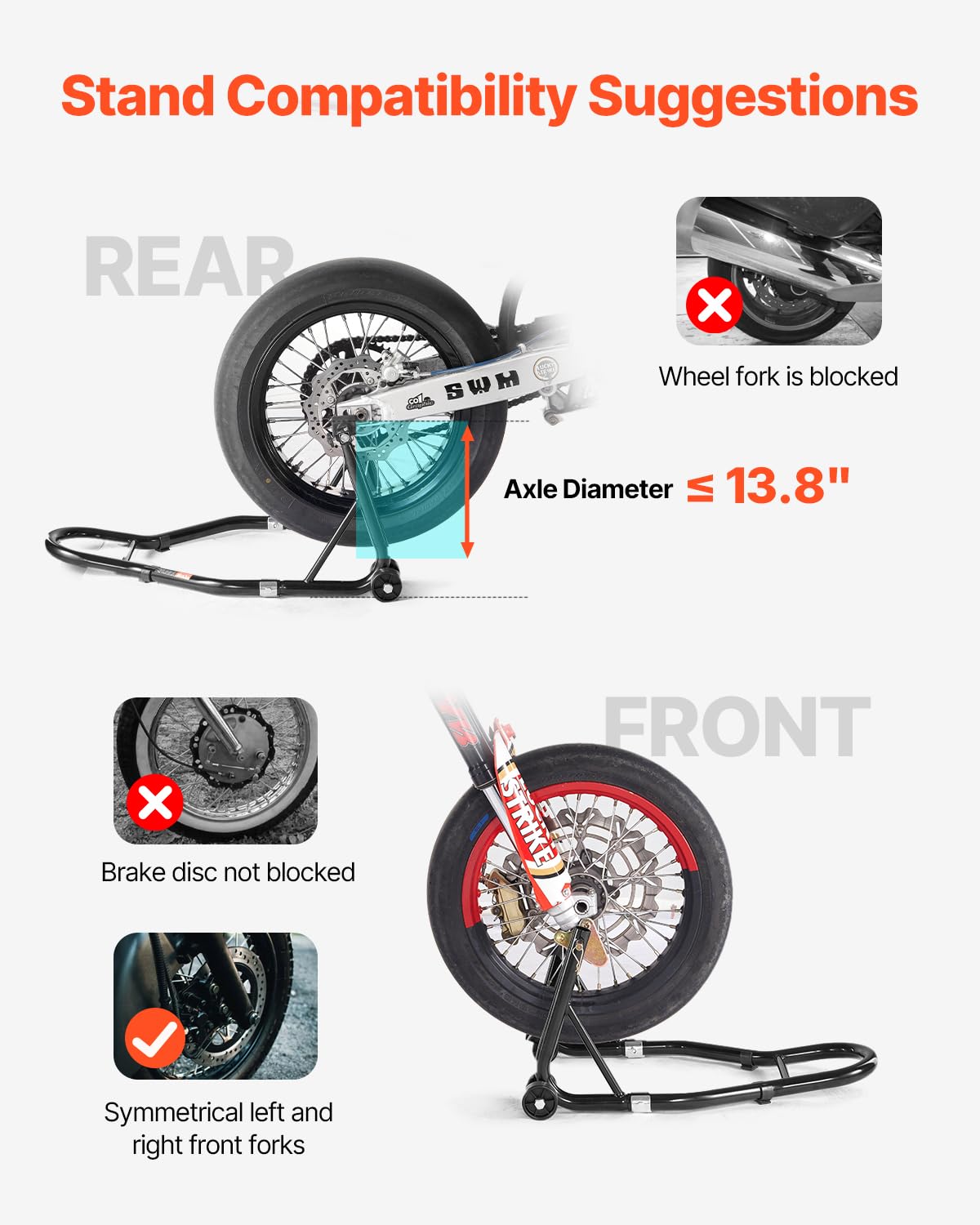 VEVOR Motorcycle Stand Lift, 1100lbs Capacity Front Rear Combo Stand Lift, Front Wheel Dual-Fork Stand, Rear U+L Fork Swingarm S