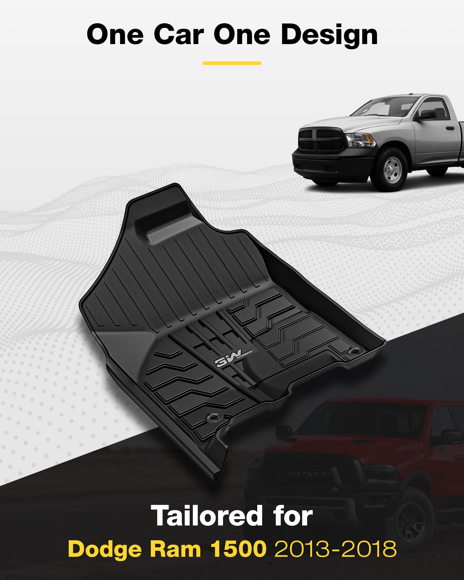 3W Floor Mats Fit For 2013-2018 Dodge Ram 1500/2500/3500 Crew Cab, 2019-2024 Dodge Ram 1500 Classic Crew Cab All Weather Tpe Cus