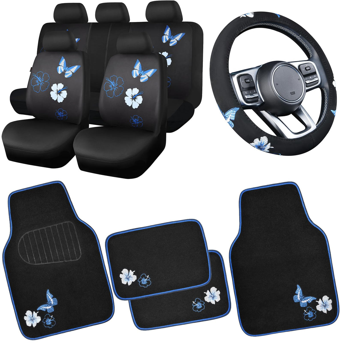 CAR PASS Blue Butterfly Car Seat Covers Full Set, Embroidered Flower Waterproof Car Floor Mats Carpet, Butterflies Steering Whee