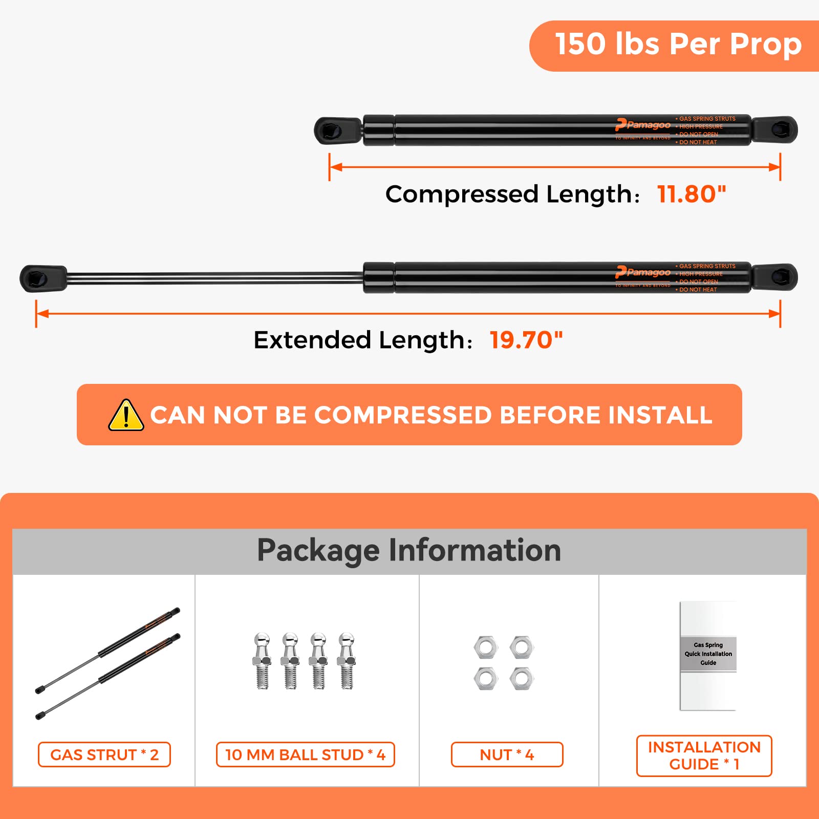 Pamagoo 20 Inch 150 Lbs Gas Prop Strut C16-17566(Qty 2) Gas Spring Shock For Heavy-Duty Platform, Rv Bed, Murphy Bed Lift Support, Basement Trap Door, Box Lid(Fit 135-165 Lbs Weights)