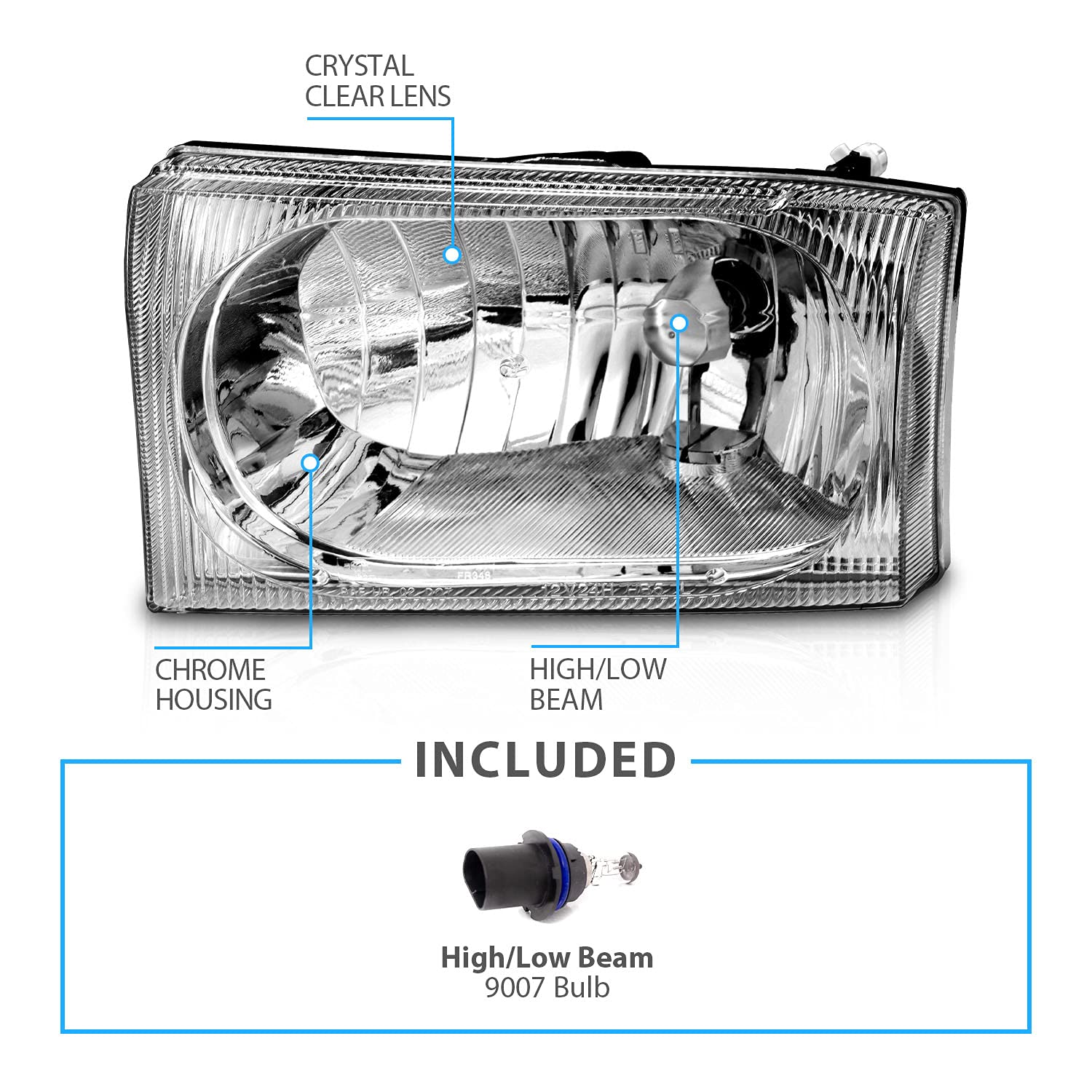 Amerilite For 1999-2004 Ford Super Duty F-250/F-350/F-450/F-550 | Excursion Chrome Headlights Beams Pair - Passenger And Driver
