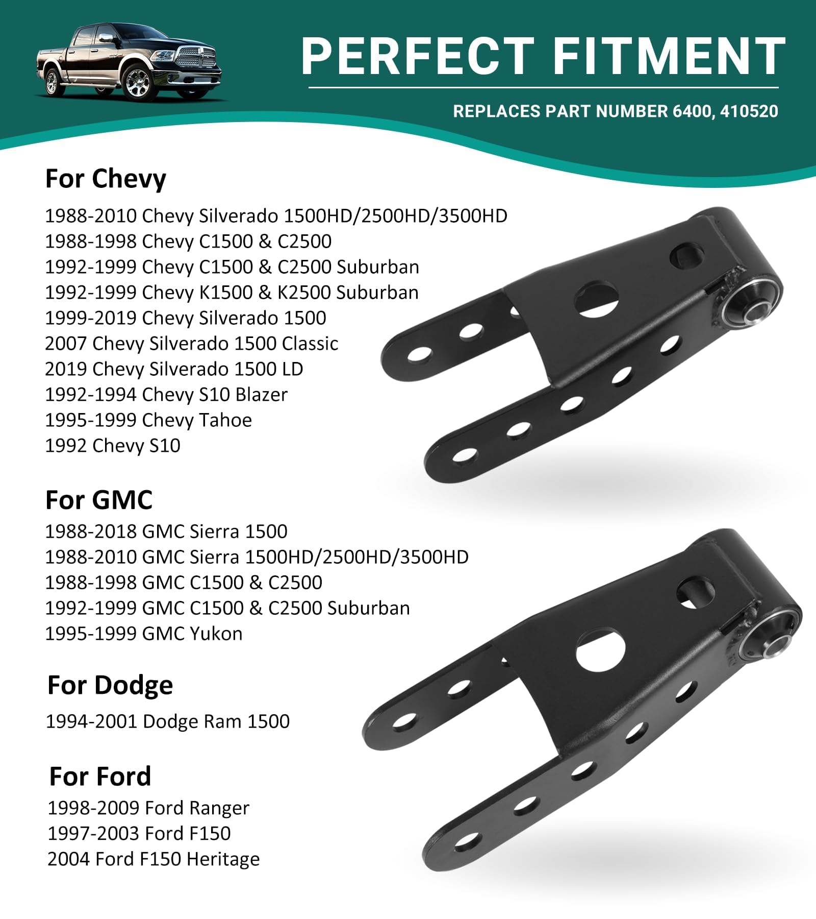2-3' Suspension Rear Drop Lowering Shackles Kit Leaf Spring Drop Shackle Kit Compatible With Chevy Silverado Gmc Sierra 1500 C1500 K1500 Dodge Ram Replaces 6400 410520
