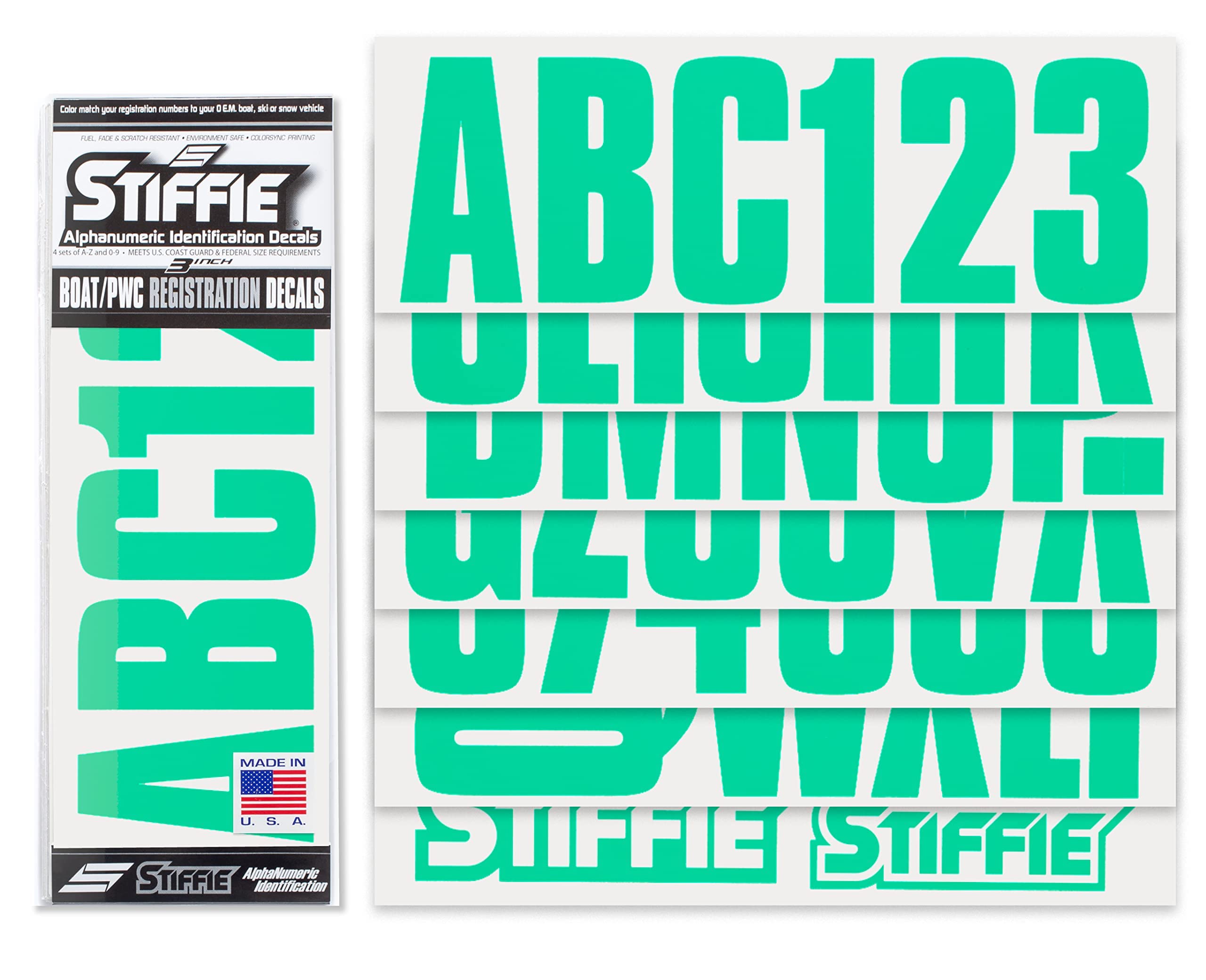 Stiffie Uniline Seafoam Green 3 Alpha-Numeric Registration Identification Numbers Stickers Decals For Boats & Personal Watercraft