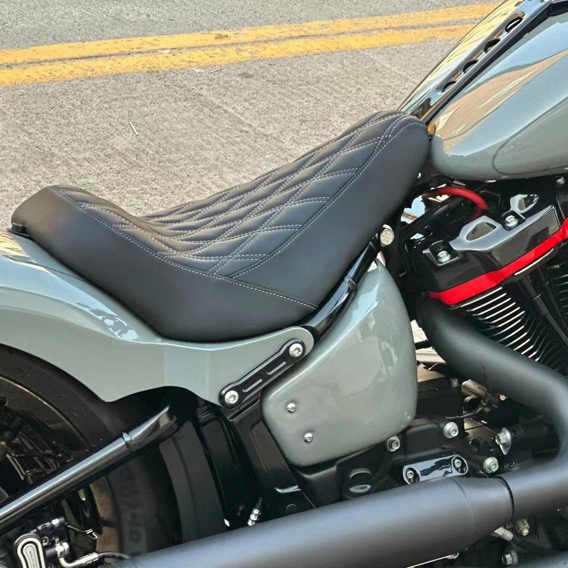 Hdbubalus Motorcycle Solo Seat Cushion Diamond Leather Seat Compatible With Harley Breakout Fatboy 2018-2023 (White Thread)