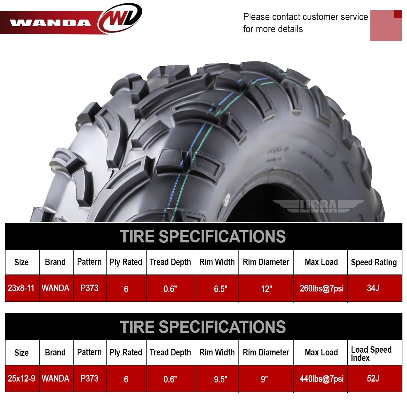 Wanda Utv Atv Tires 23X8-11 Front & 25X12-9 Rear /6Pr P373 Lit Mud