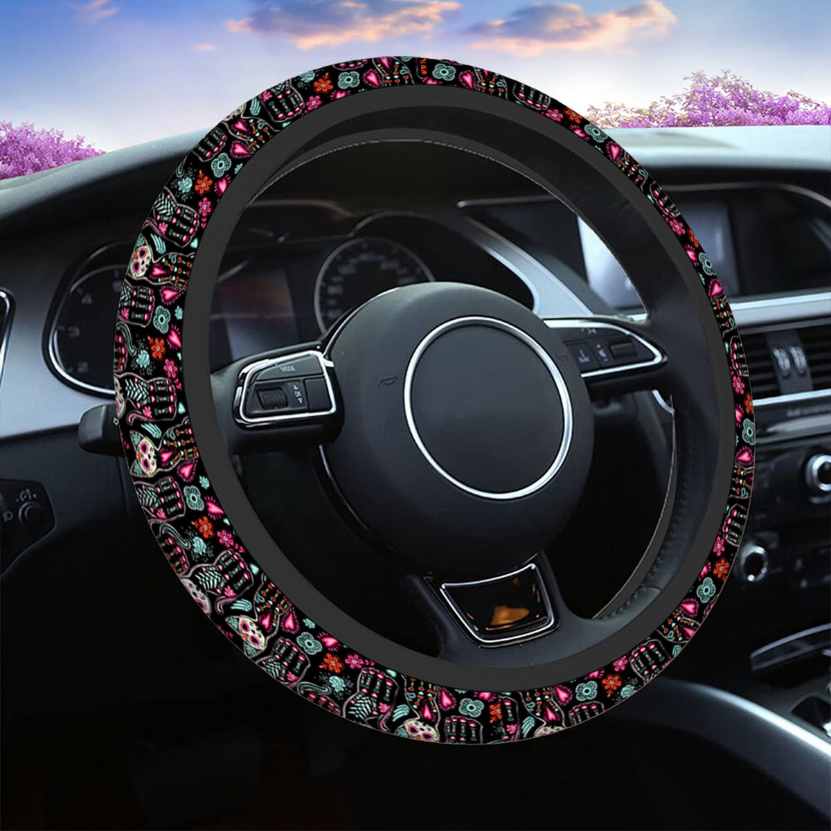 Swono Cat Cute Steering Wheel Cushion Case Day Of The Dead Halloween Cats With Colorful Flowers Neoprene Car Steering Wheel Cove