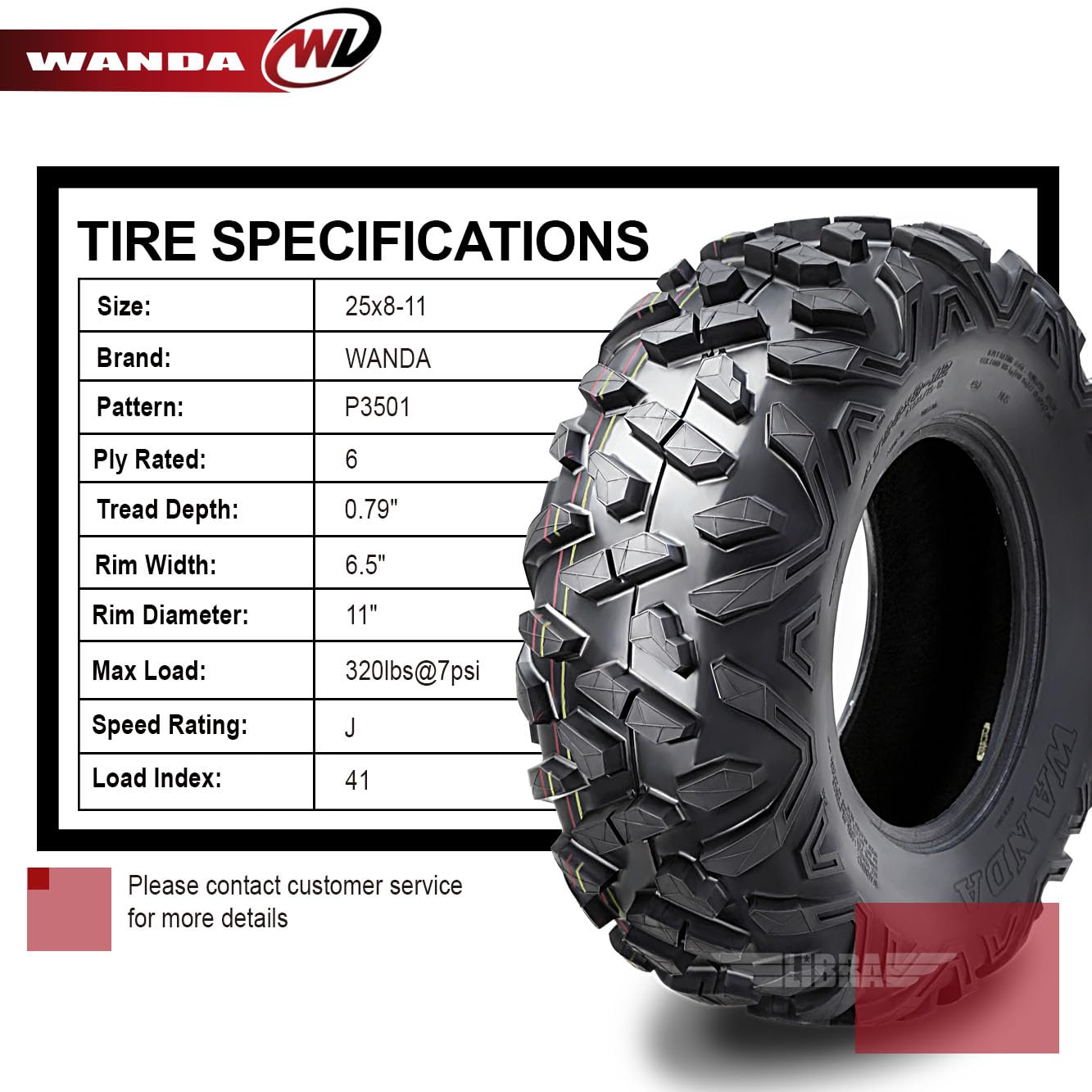 WANDA 25x8-11 UTV ATV Tires 25x8x11 6-Ply Bighorn Style - Set 2