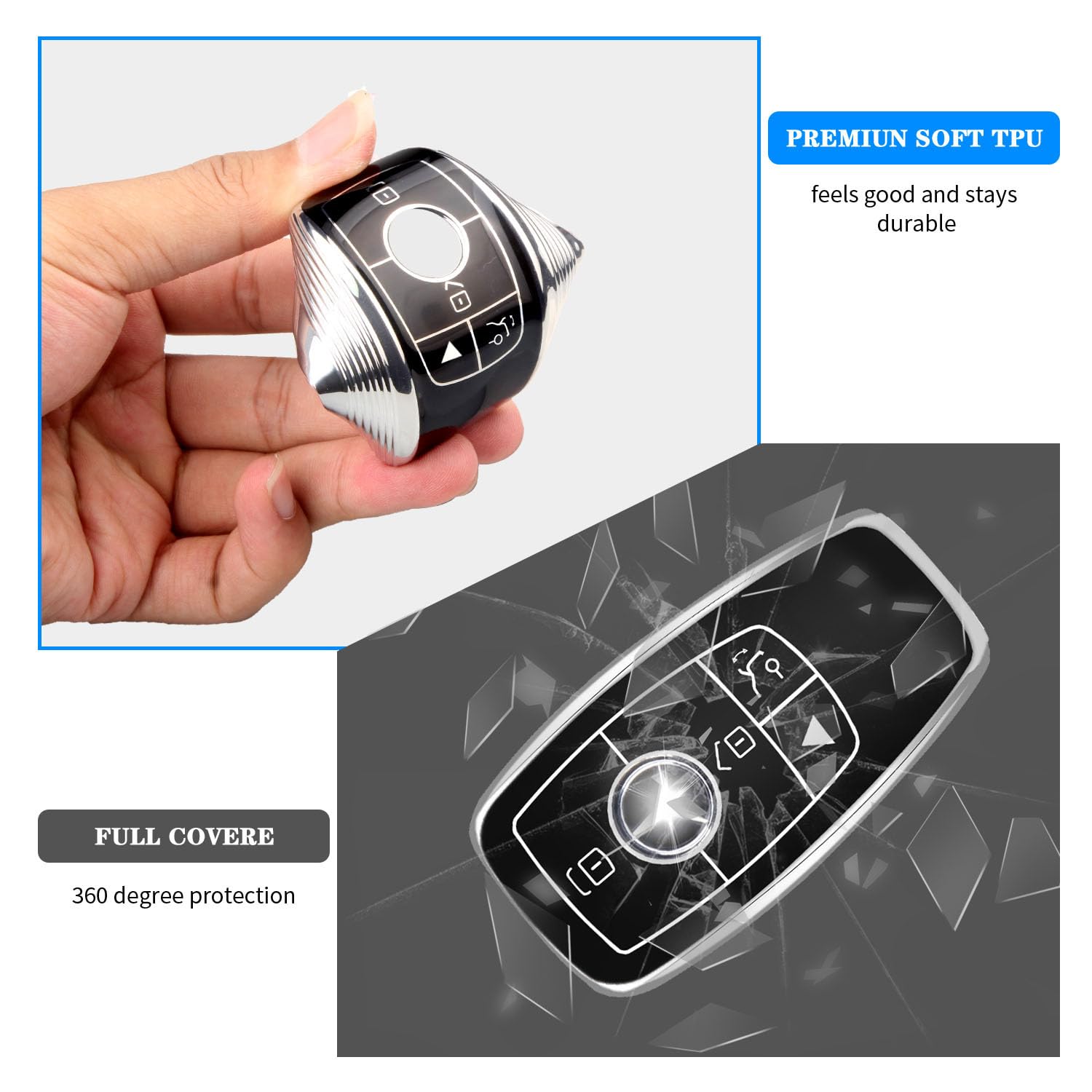 Qbuc For Mercedes Benz Key Fob Cover With Keychain,Compatible With C E R S G S Cls Clk Glc Ml Gle Gls Sl Slr Mclaren Amg Key (Bl