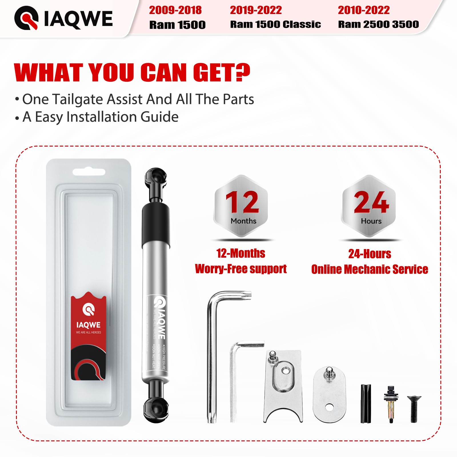 Iaqwe Truck Tailgate Assist Shock 43301 Fit For 2009-2018 Dodge Ram 1500, 2010-2024 Dodge Ram 2500/3500, 2019-2024 Dodge Ram 150