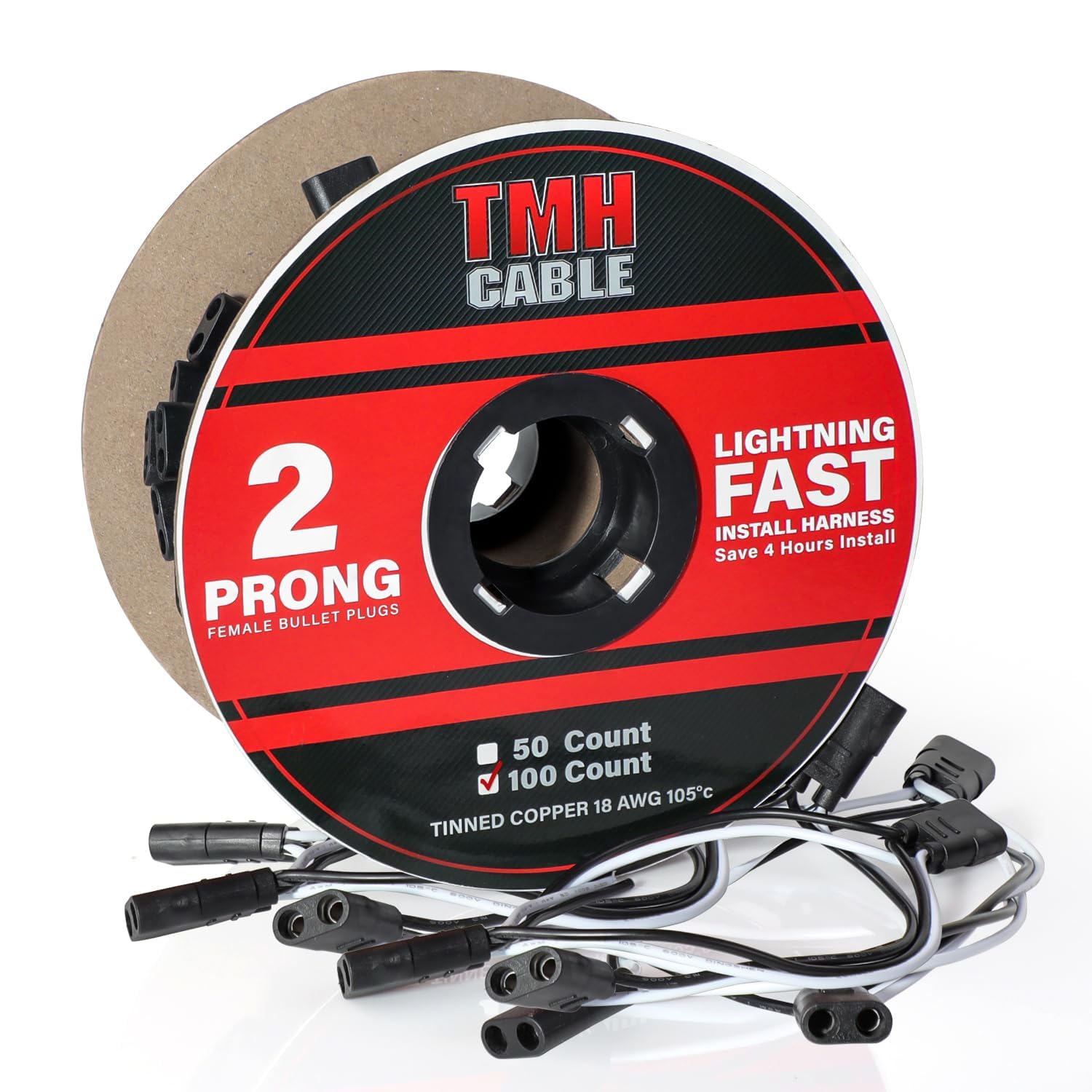Tmh 100 Count 2-Prong Wire Harness Roll Double Female Bullet Plug 18 Gauge - 6.5'' Spacing For Led Marker Clearance Lights Hassl
