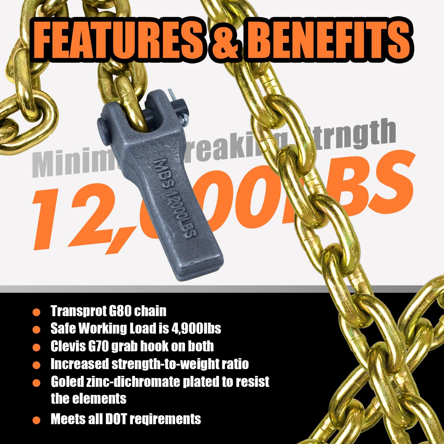 TKK 2-Pack Trailer Safety Chain - 35 Inch Chain with 5/16'' Clevis Snap Hook and Retainer | 21,000 lbs Break Strength | Secure T