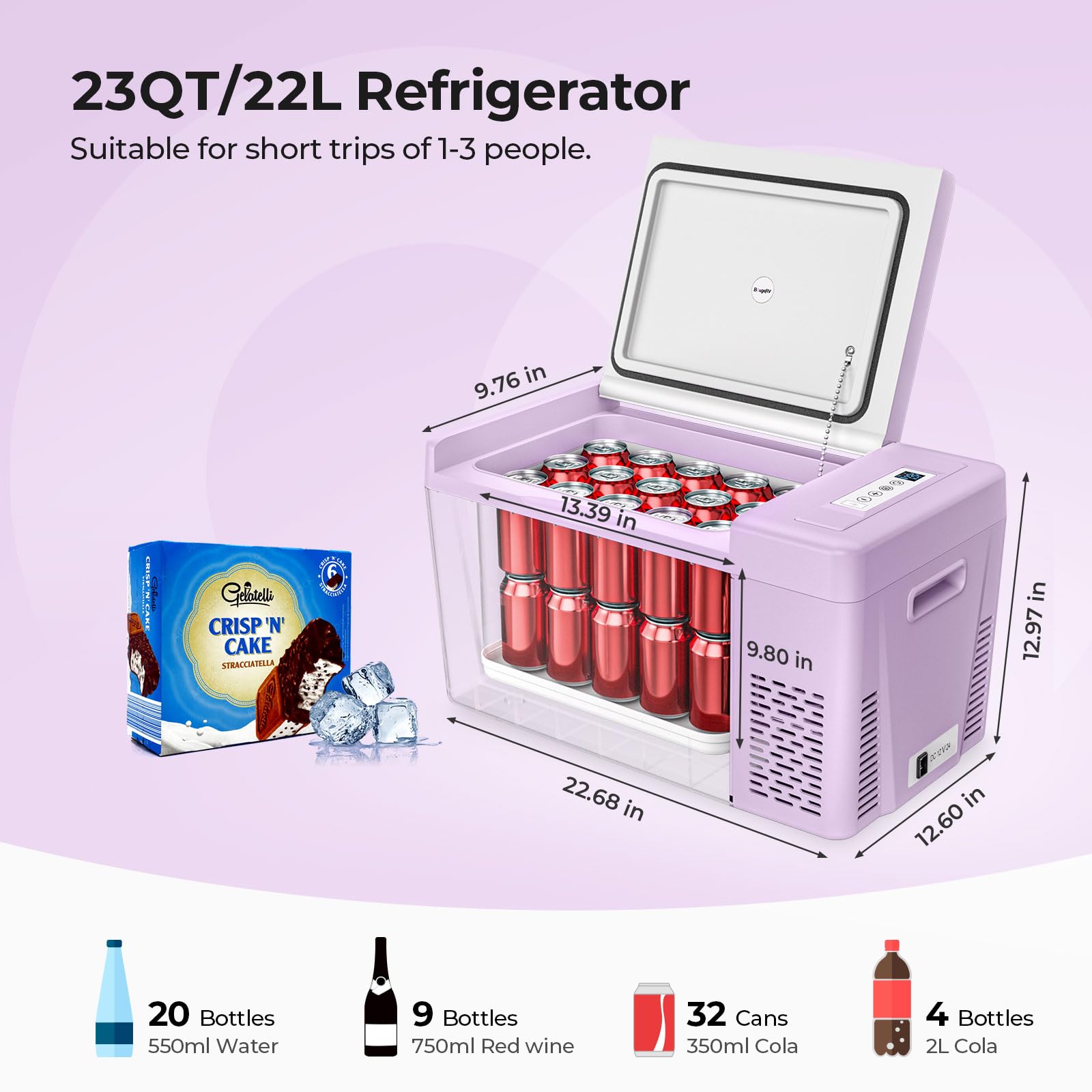 Bougerv Purple 23Quart Portable Refrigerator, 12 Volt Fridge 22L, Portable Freezer Compressor Cooler 12/24V Dc 110~240 Volt Ac F