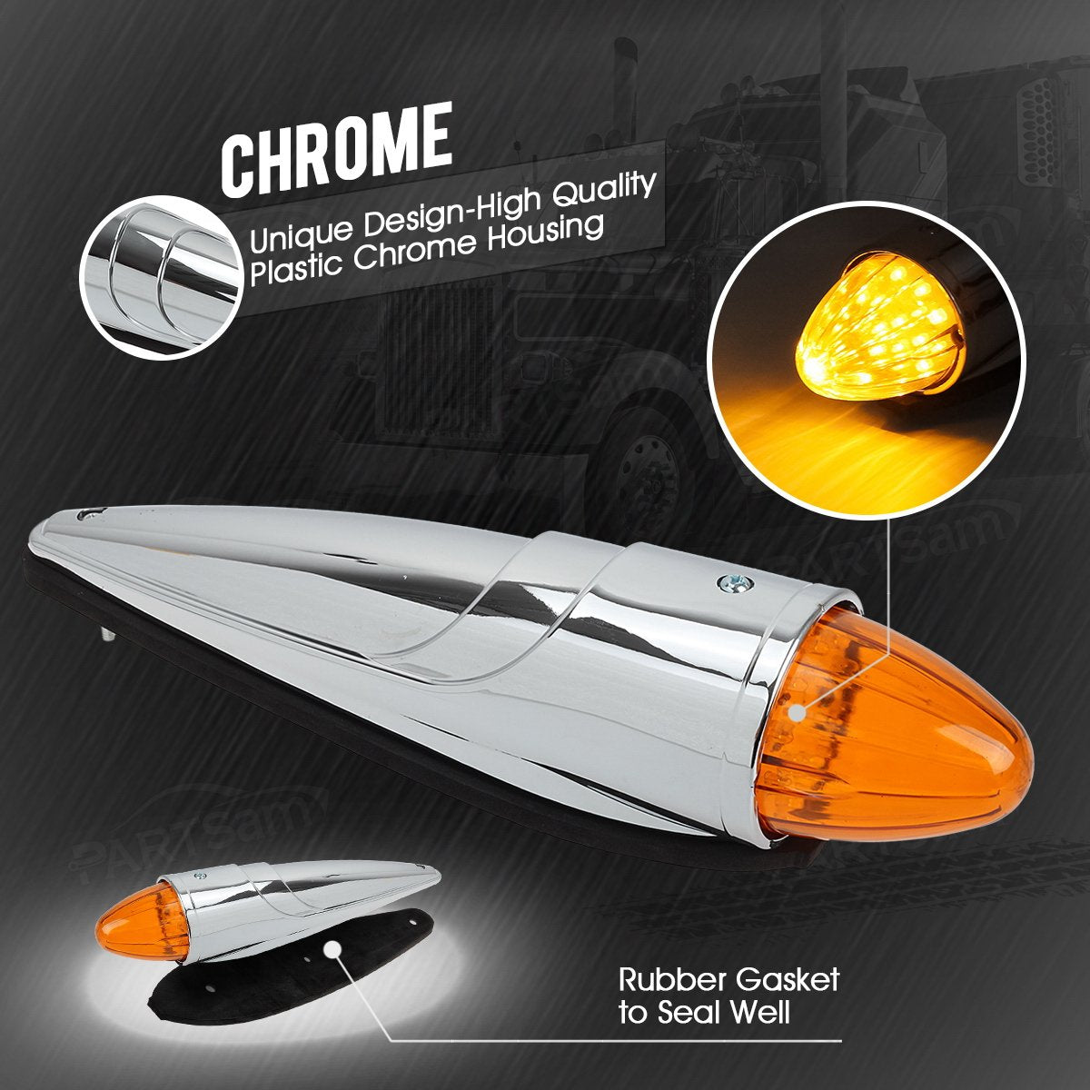 Partsam 7Pcs 17 Led Torpedo Cab Lights Chrome Amber Led Top Cab Marker Roof Running Lights Assembly Compatible With Kenworth/Pet