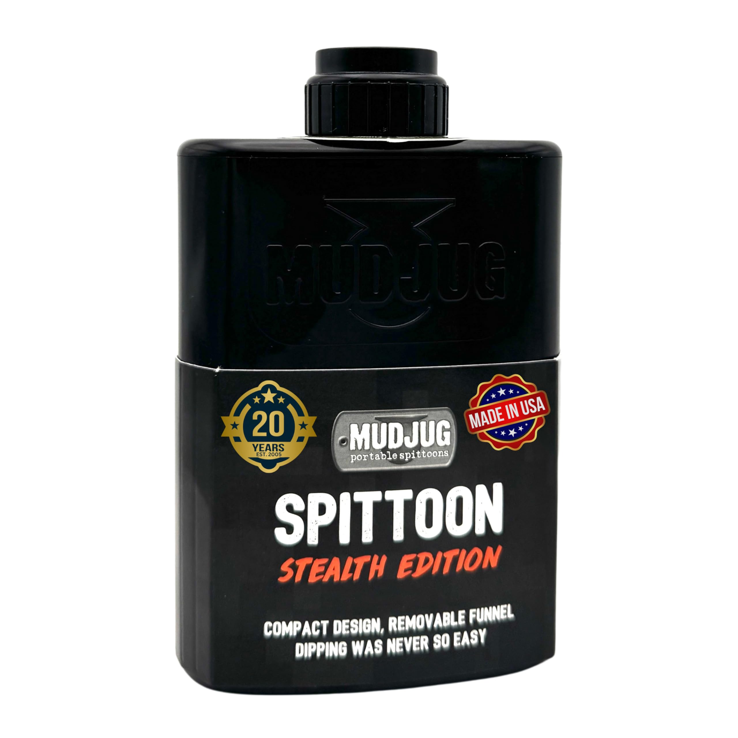 Mudjug Black Stealth Travel Spittoon - Portable Spit Jug, Spill Resistant and Leak-Proof Design, Compact and Easy to Carry, Fits