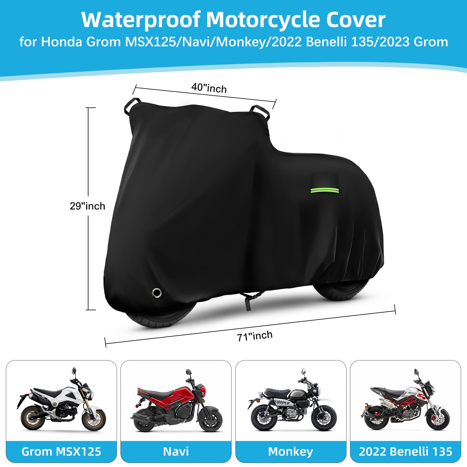 Motorcycle Cover Waterproof for Honda Grom MSX125/Navi/Monkey/2022 Benelli 135/2023 Grom, Heavy Duty Outdoor Sun UV Rain Dust Al