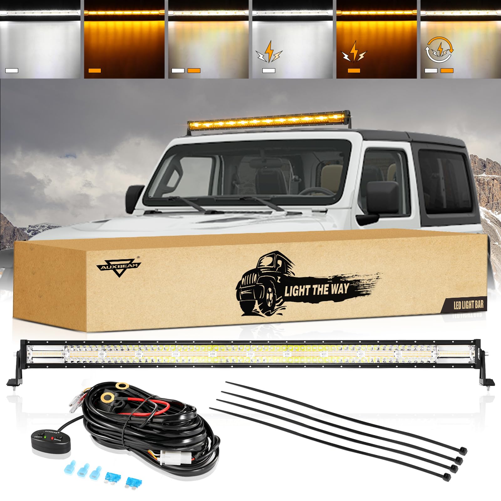 Auxbeam 50Inch Led Straight Light Bar, 6 Modes Amber White Strobe Light, 288W Dual Color Spot Flood Combo Offroad Fog Driving Li