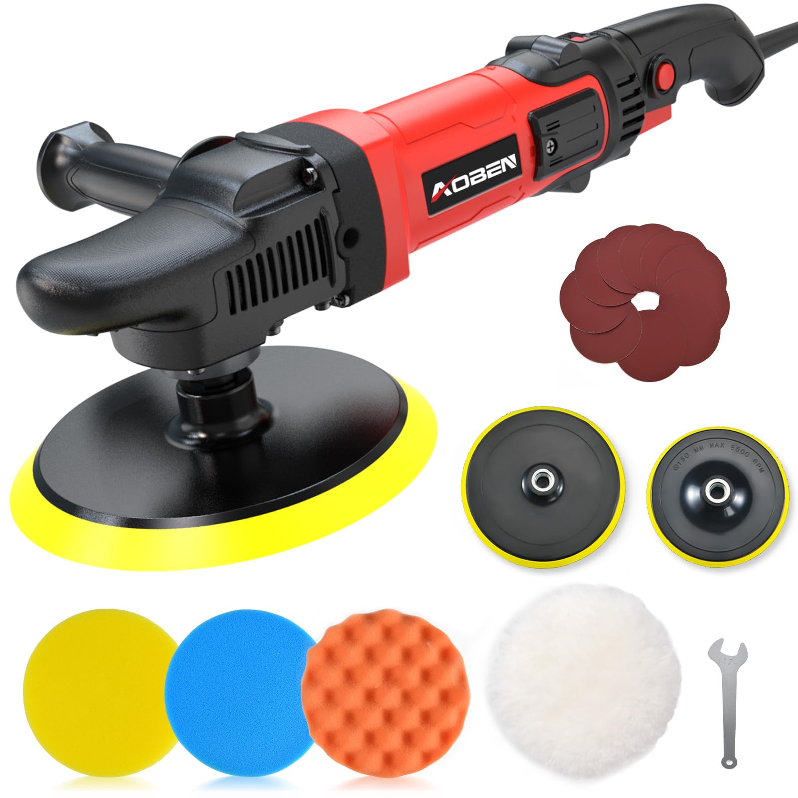 AOBEN 6/7 inch Buffer Polisher,Rotary Car Buffer,1600W Car Polisher Waxer Kit with 6 Variable Speed 1000-3500RPM & 4 Polishing P