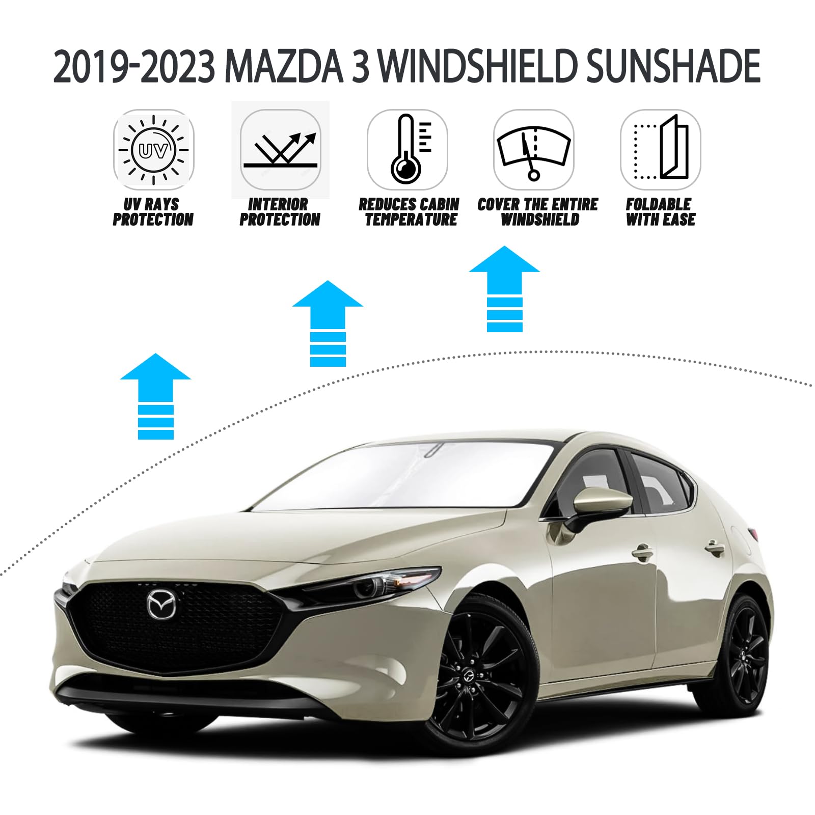 D-Lumina Windshield Sun Shade For 2019-2023 Mazda 3 Accessories Mazda3 Sedan Hatchback, Front Window Sunshade Sun Visor Protector Block Uv Rays Heat, Foldable 2 Layers 210T Material