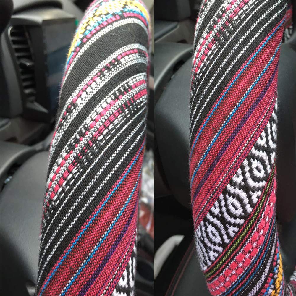 Shiawasena Car Steering Wheel Cover, Coarse Flax Cloth, Ethnic Style, Universal 15 Inch Fit, Anti-Slip Sweat-Absorbent (H#)