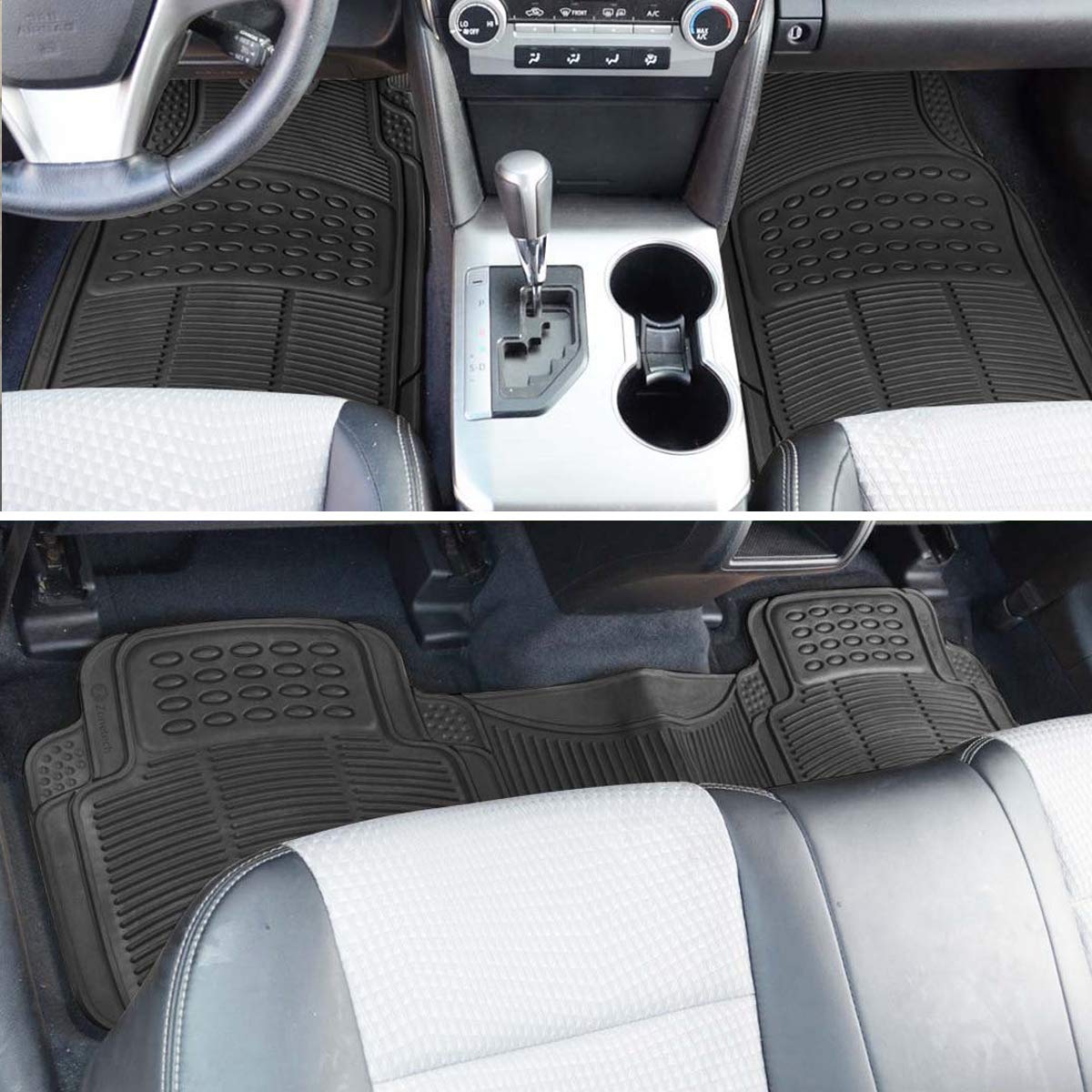 Car Suv Floor Mat By Vaygway - 4 Piece Heavy Duty Set - 3 Row Vehicle All Weather Floor Mats - Black Trimmable Universal Fit Rub