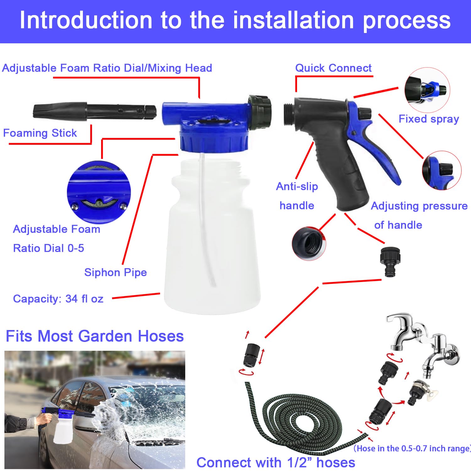Lianxin 37Pcs Car Wash Detailing Kit Foam Gun Sprayer Long Handle Foldable Car Wash Brush Bucket Towels Tire Brush Wash Mitt Spo