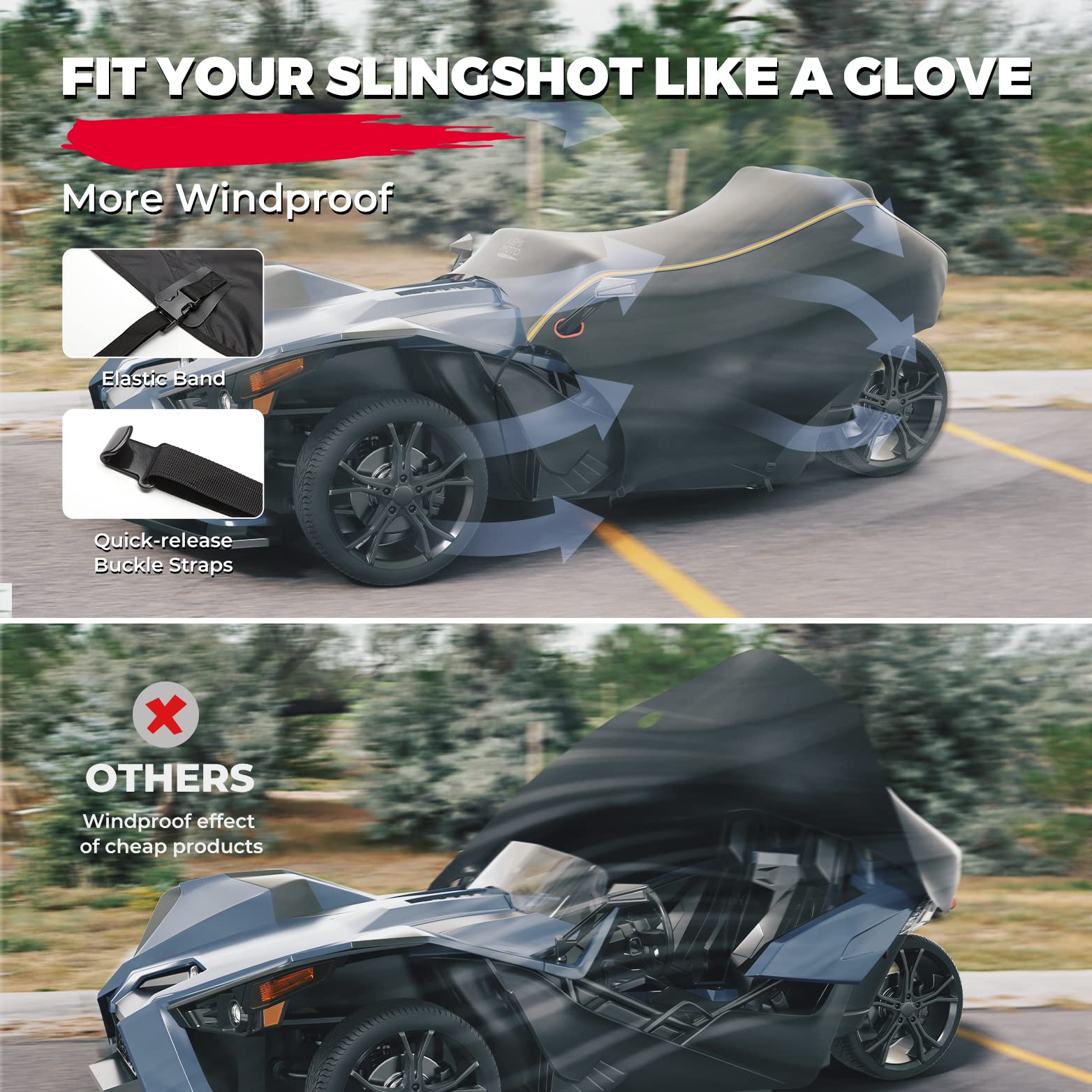Kemimoto Half Cover Cockpit Cover Compatible With Polaris Slingshot, Windshield Cover Waterproof Windproof All Weather Protection Covers With Reflective Strips For Slingshot Accessories