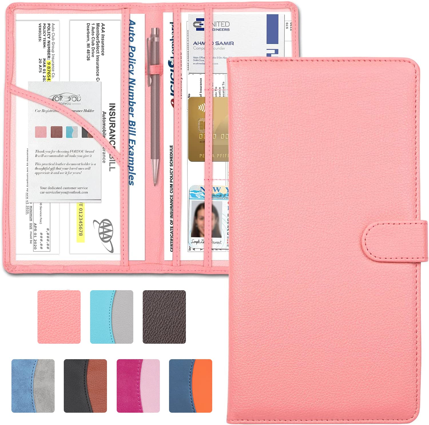 Foryou Car Registration And Insurance Holder With Magnetic Closure, Auto Truck Document Vehicle Glove Box Paperwork Organizer Wallet For Accessories Case, License, Card (Pink)
