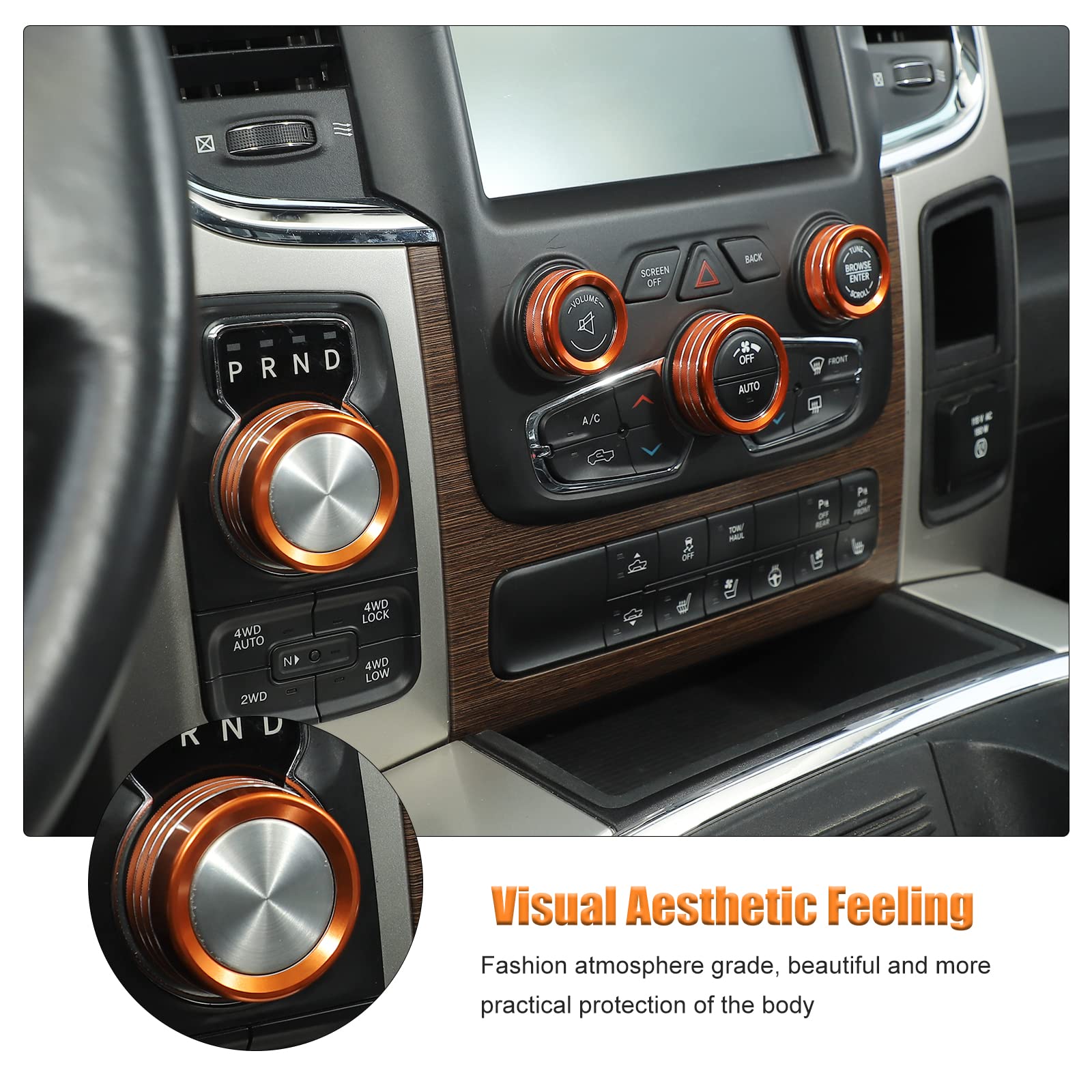 Voodonala for Dodge RAM Air Conditioner Headlight Switch CD Knob Trim for 2013-2017 Dodge RAM Aluminum 5pcs Orange