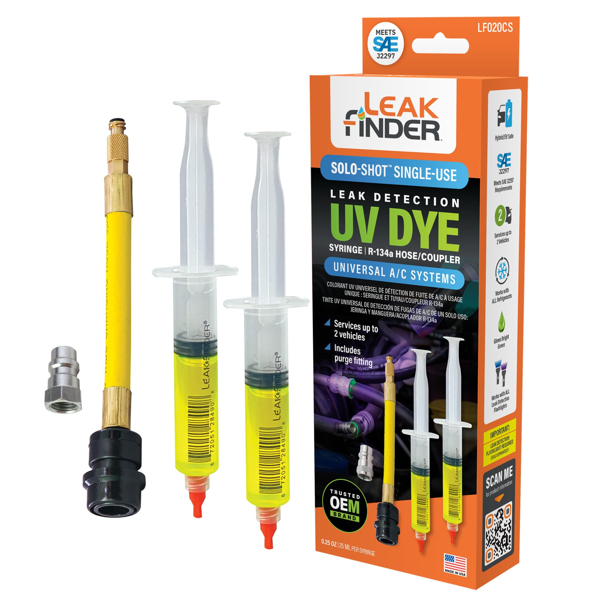 LEAKFINDER LF020CS SOLO-SHOT Single-use Air Conditioner Refrigerant Leak Detection Syringe Kit - (2) Pre-filled UV Fluorescent D