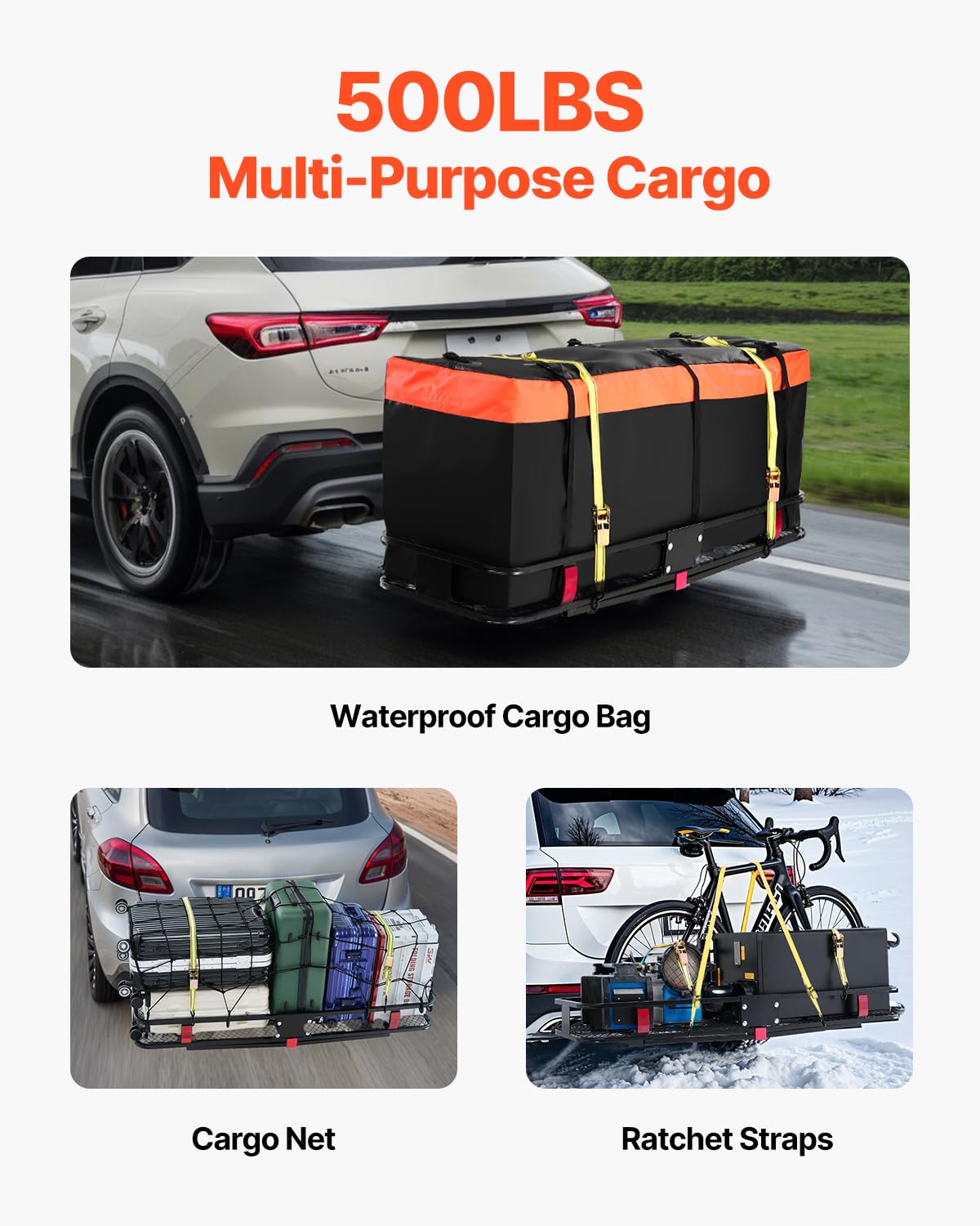 VEVOR 60 x 20 x 6 Hitch Cargo Carrier, 500 lbs Capacity with Cargo Net & Waterproof Cargo Bag, Folding Hitch Mount Cargo C