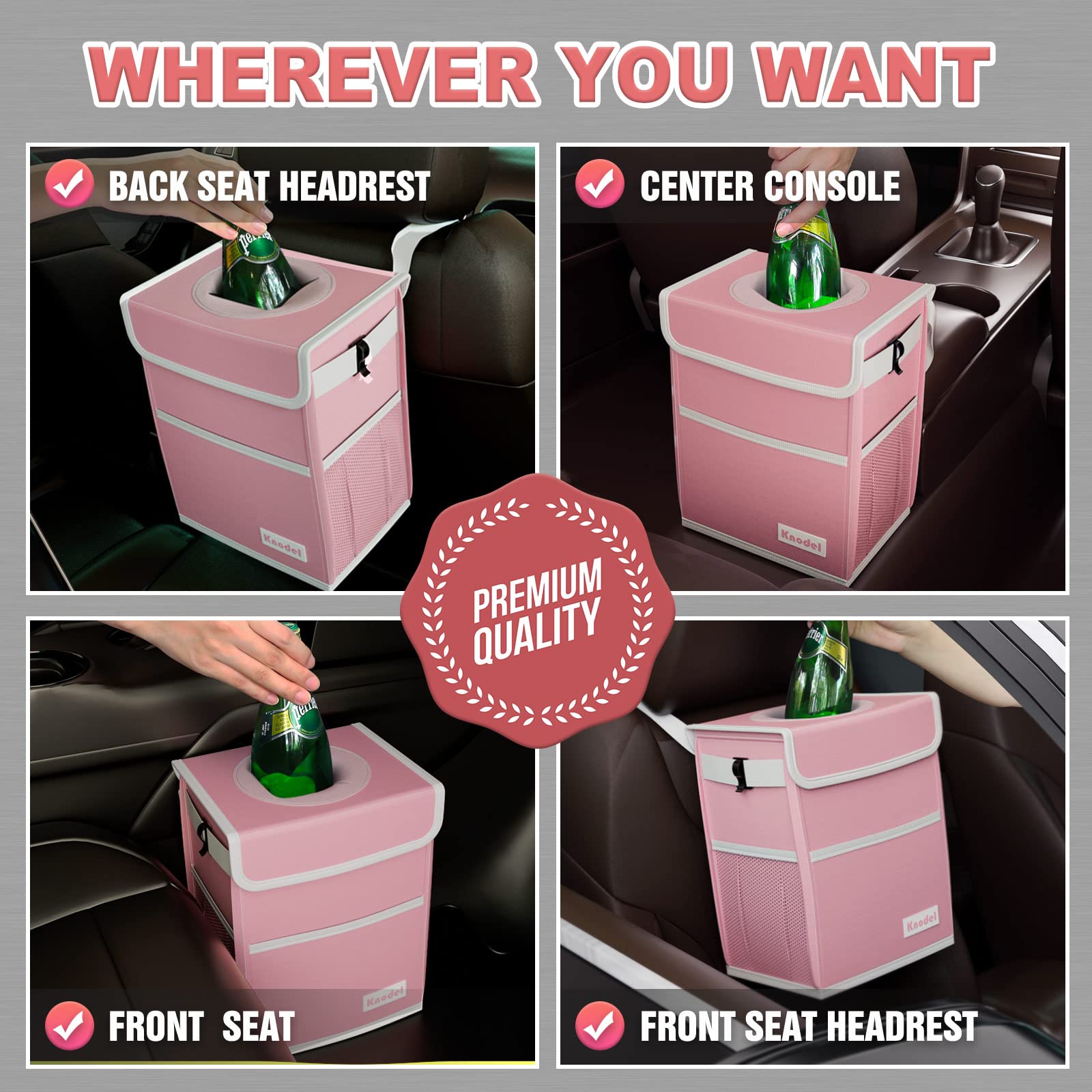 Knodel Car Trash Can, Waterproof Car Garbage Can, Car Trash Bag With Lid, Leak-Proof Car Trash Bin, Car Trash Hanging (Pink, Med